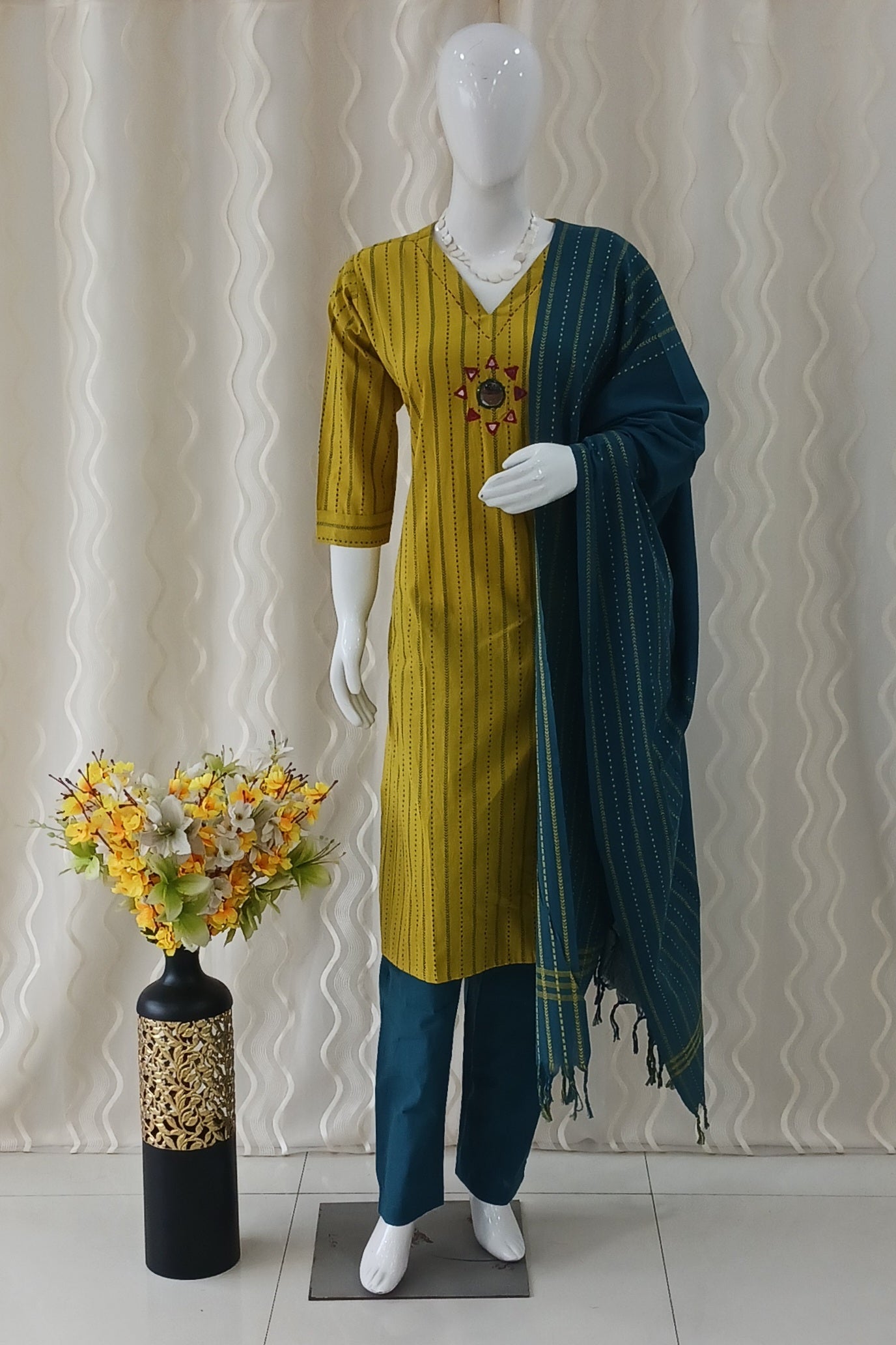 Straight Cut 3-Piece Suit with Dupatta and 3/4 Sleeves