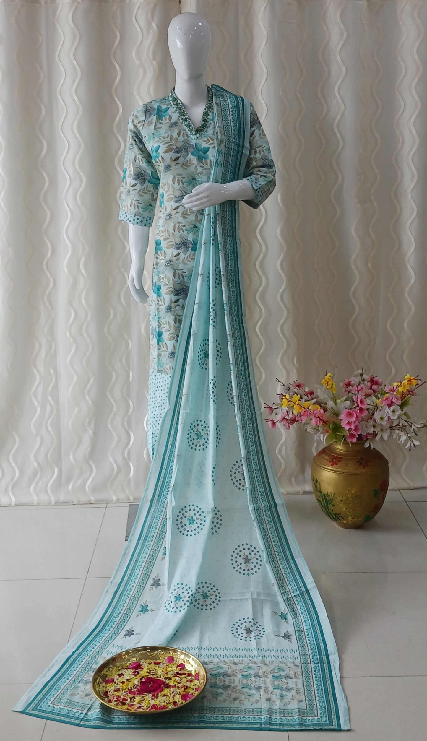 Straight Cut 3-Piece Suit with Dupatta and 3/4 Sleeves