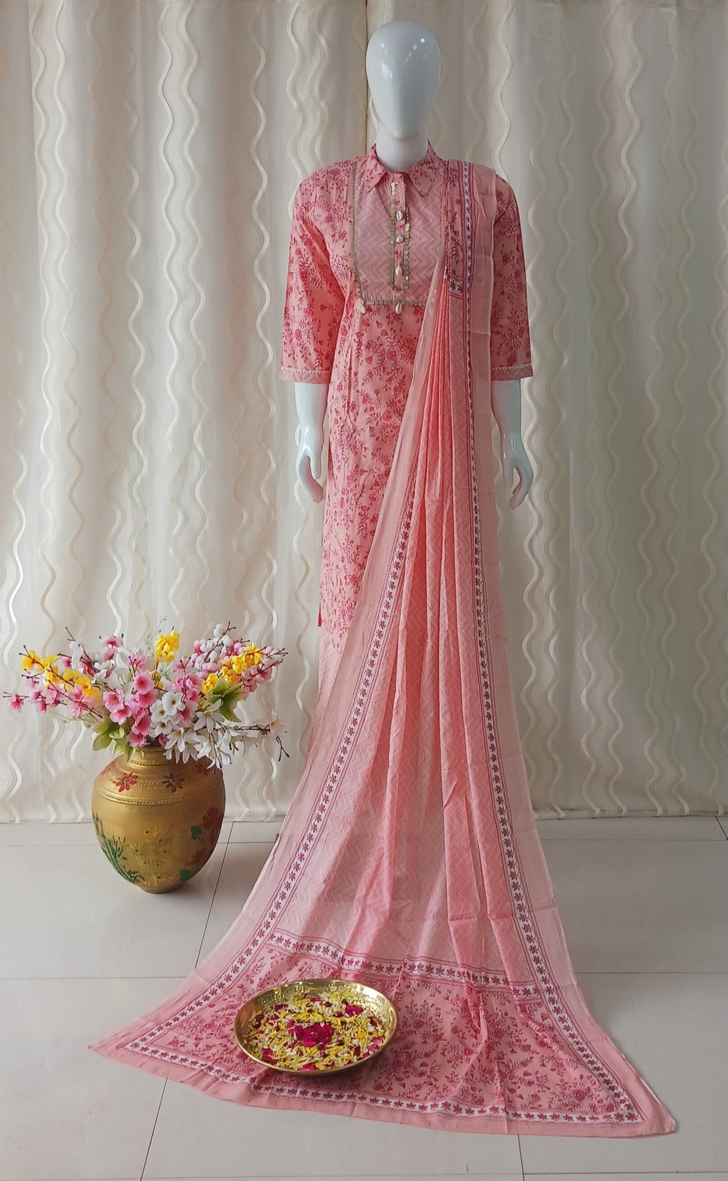 Straight Cut 3-Piece Suit with Dupatta and 3/4 Sleeves