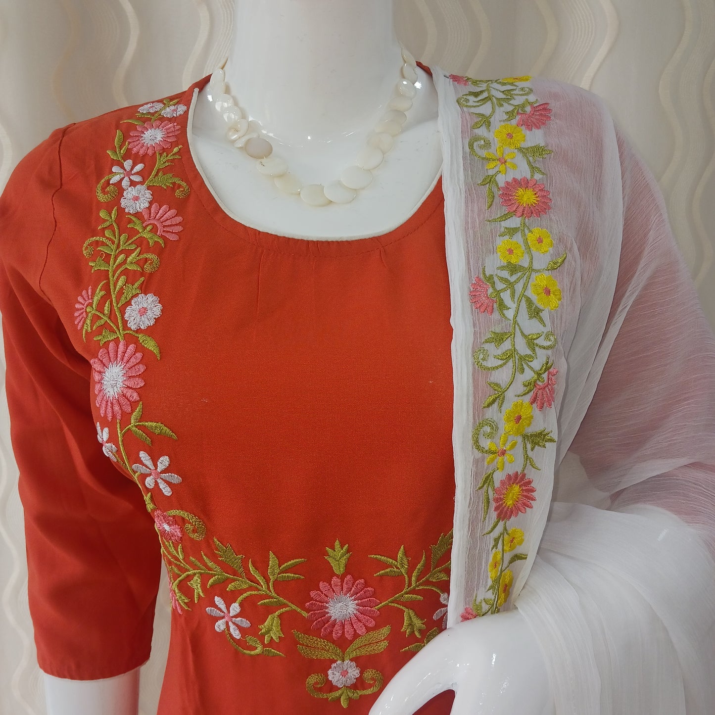 Straight Cut 3-Piece Suit with Dupatta and 3/4 Sleeves