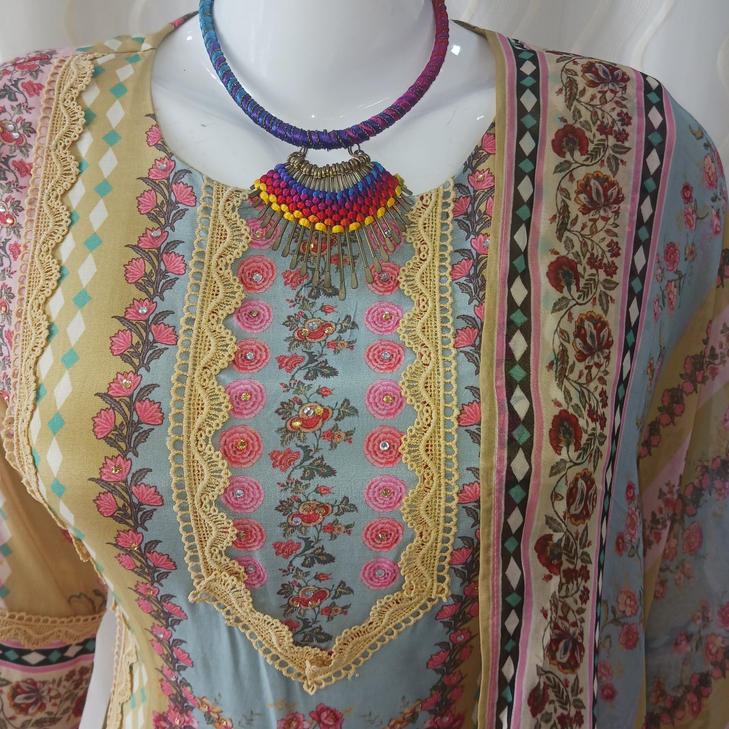 Straight Cut 3-Piece Suit with Dupatta and 3/4 Sleeves