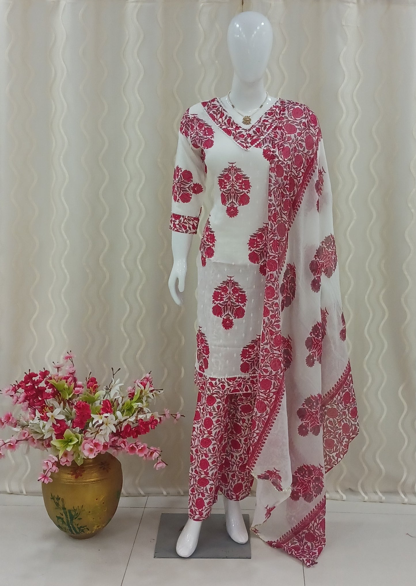 Straight Cut 3-Piece Suit with Dupatta and 3/4 Sleeves