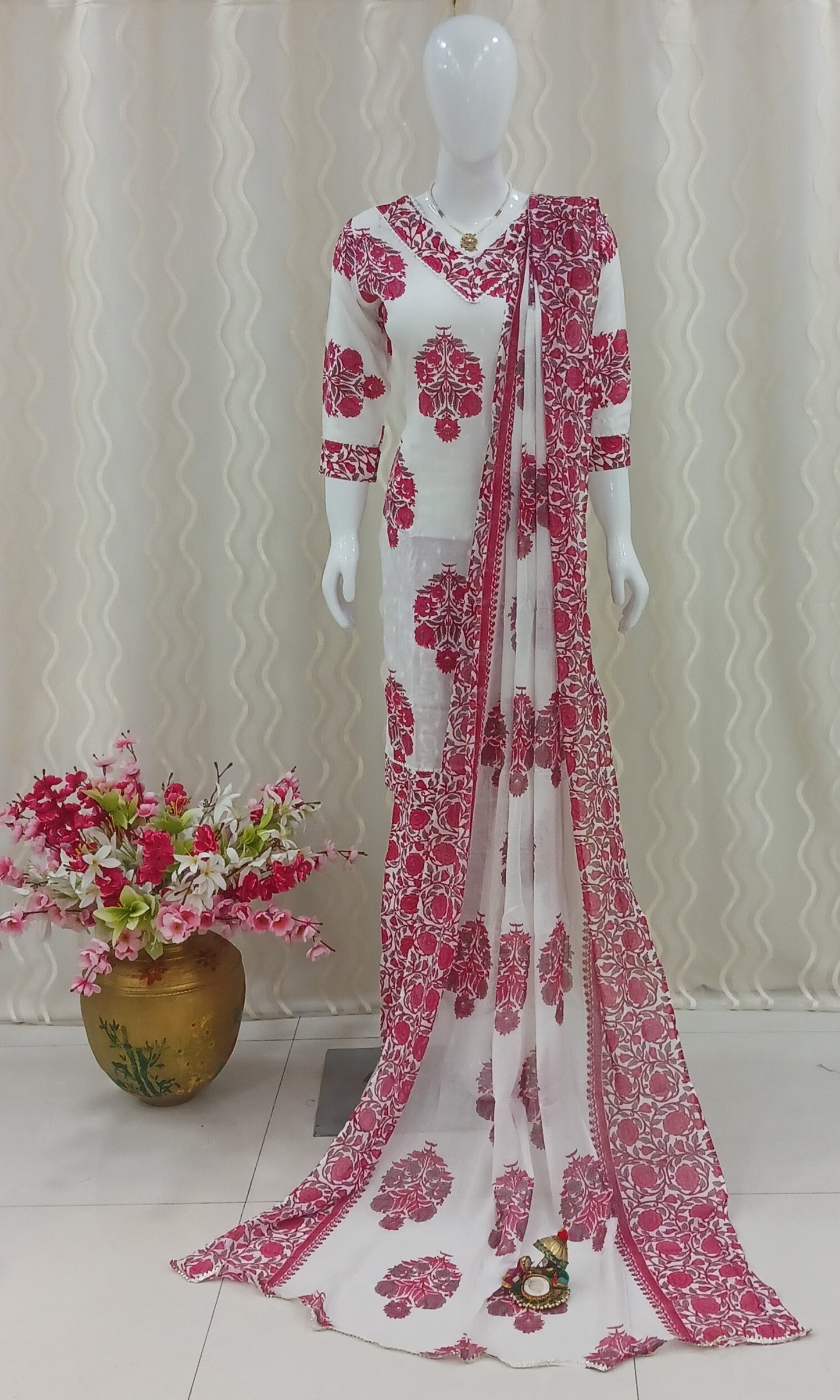 Straight Cut 3-Piece Suit with Dupatta and 3/4 Sleeves