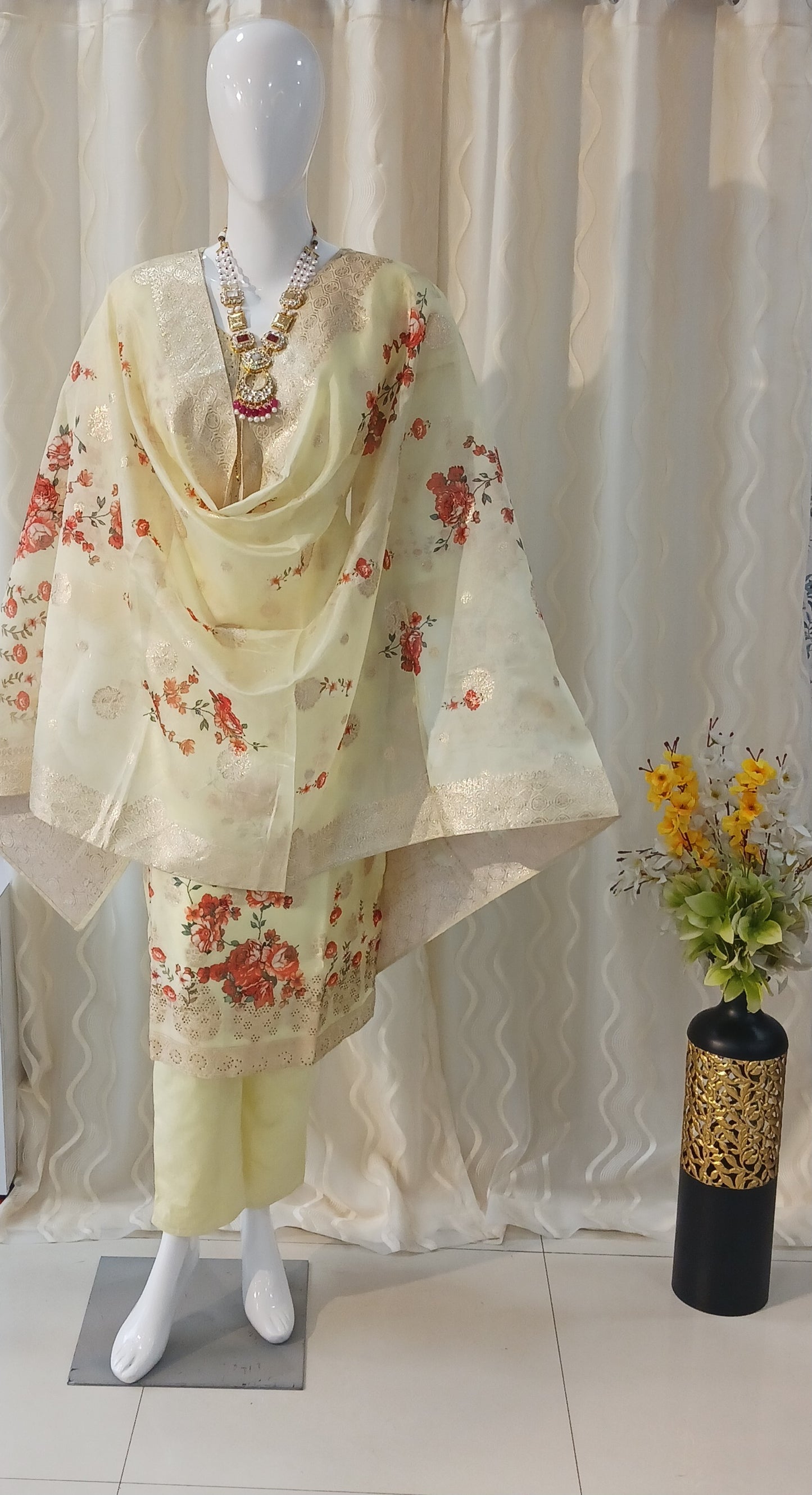 Straight Cut 3-Piece Suit with Work Dupatta and 3/4 Sleeves