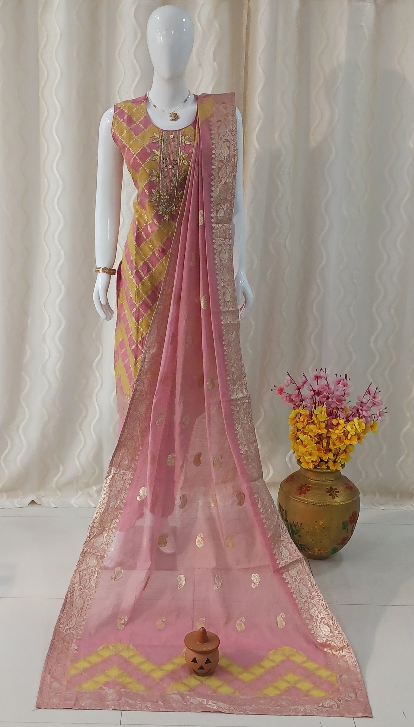 Straight Cut 3-Piece Suit with Work Dupatta and Attached Sleeves
