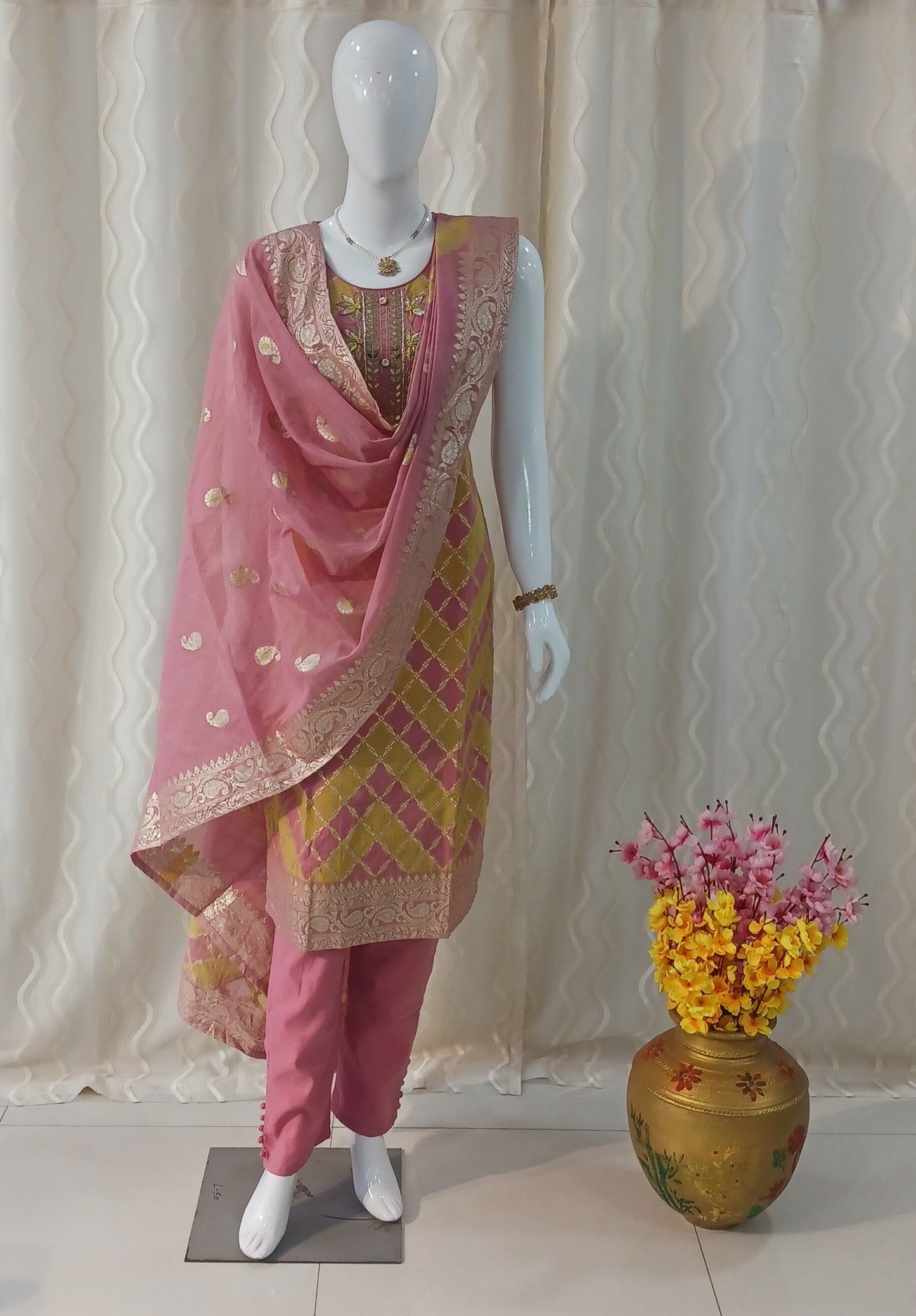 Straight Cut 3-Piece Suit with Work Dupatta and Attached Sleeves