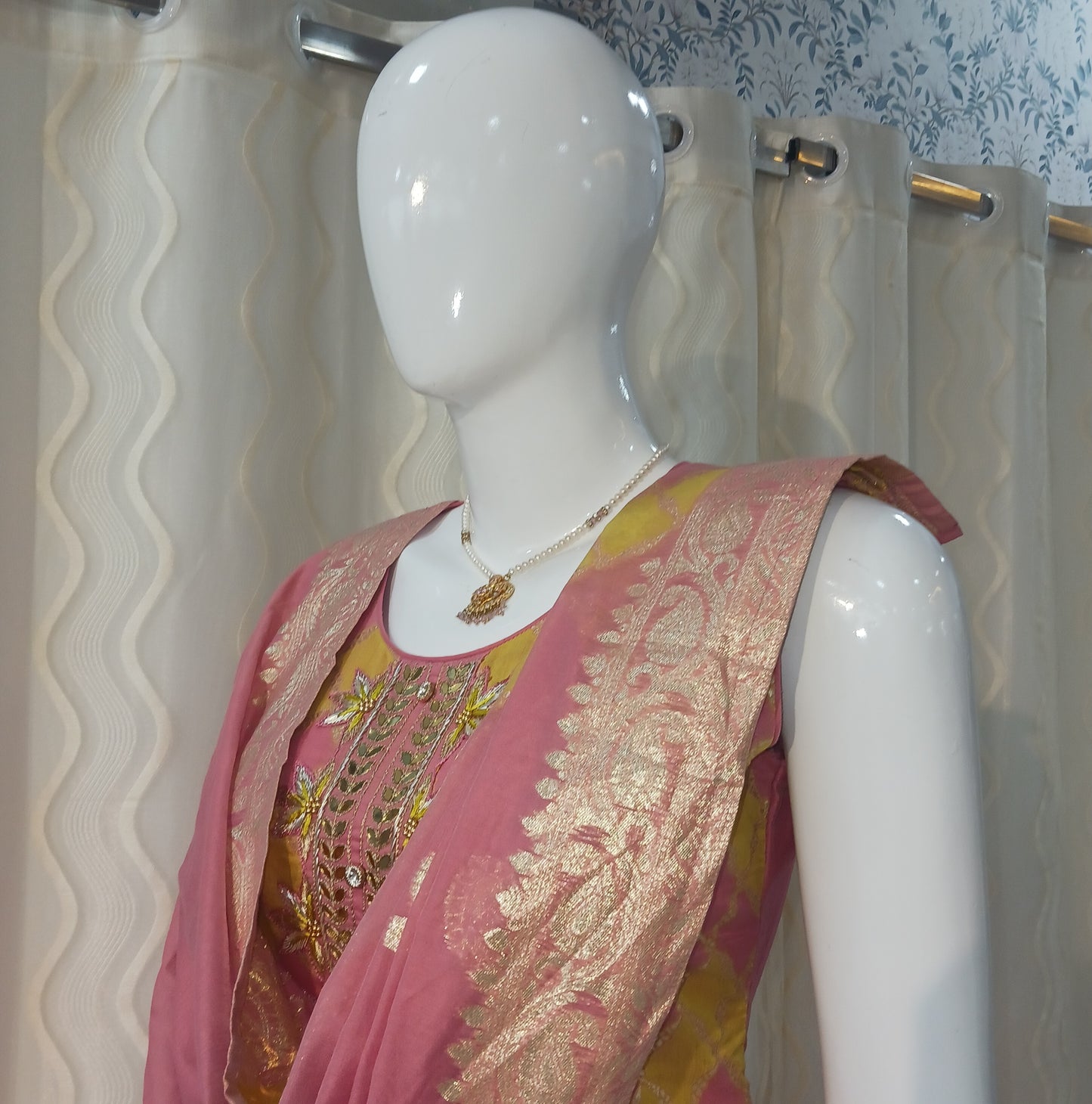 Straight Cut 3-Piece Suit with Work Dupatta and Attached Sleeves