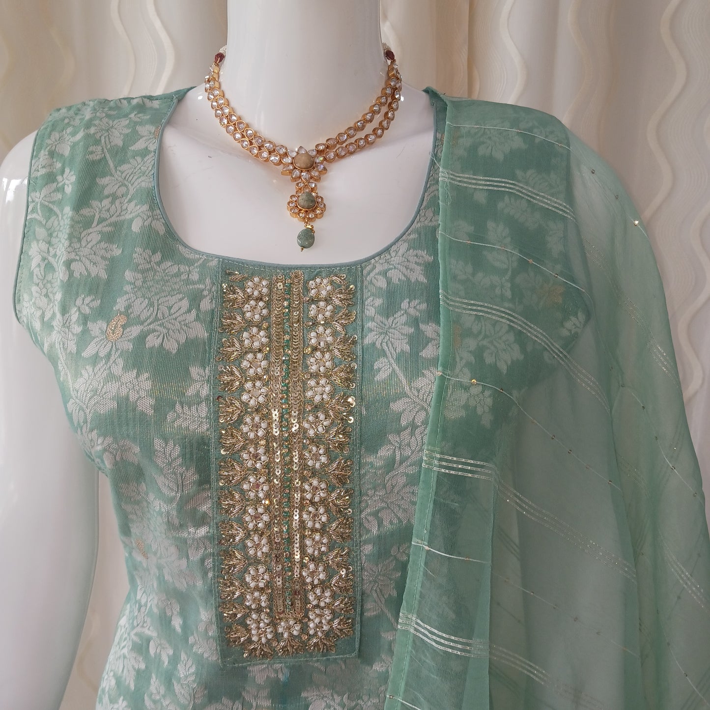 Straight Cut 3-Piece Suit with Netted Dupatta and Attached Sleeves