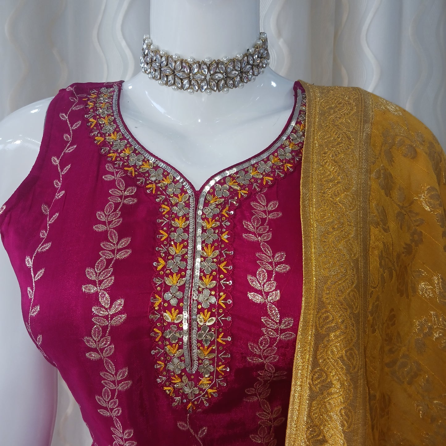 Straight Cut 3-Piece Suit with Banaras Dupatta and Attached Sleeves