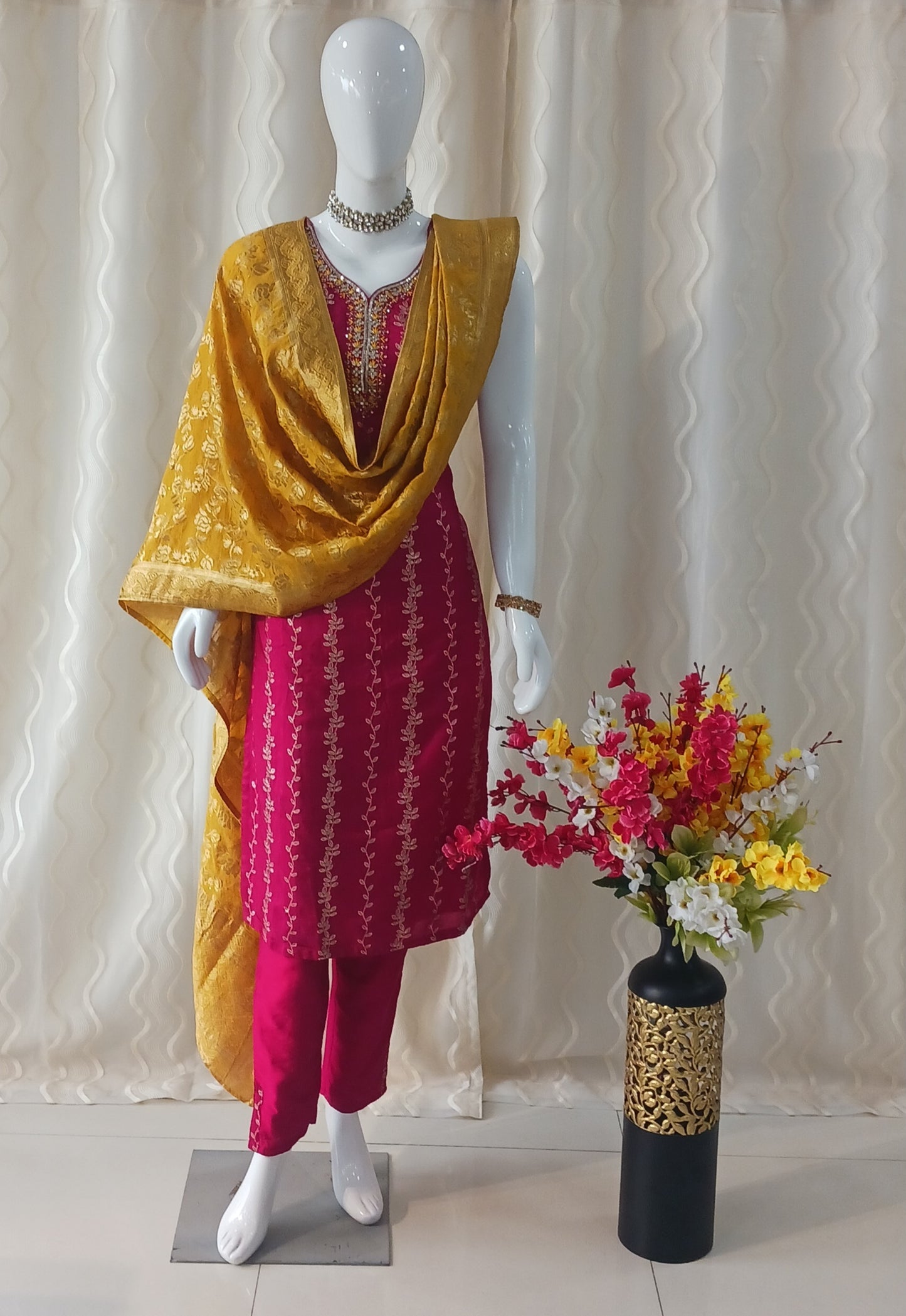 Straight Cut 3-Piece Suit with Banaras Dupatta and Attached Sleeves