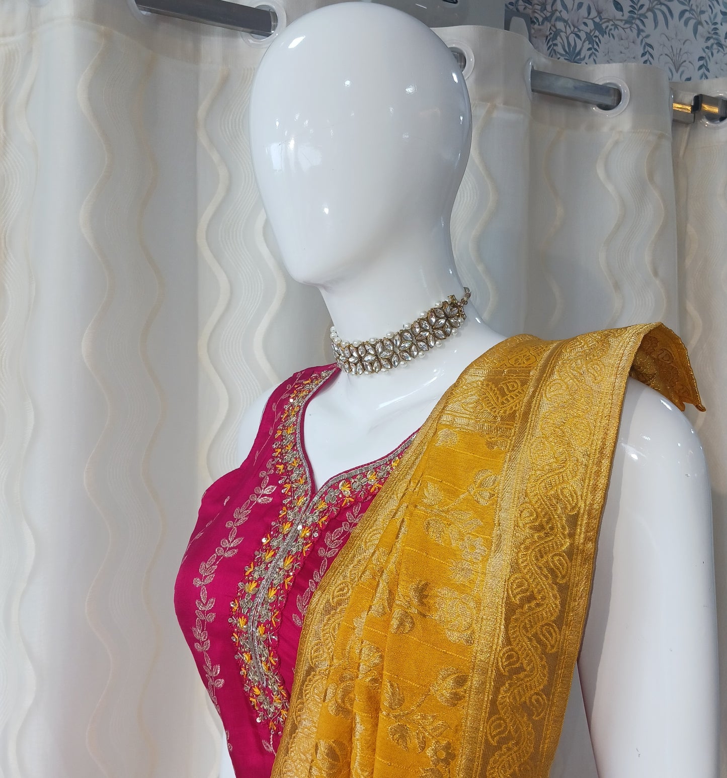 Straight Cut 3-Piece Suit with Banaras Dupatta and Attached Sleeves