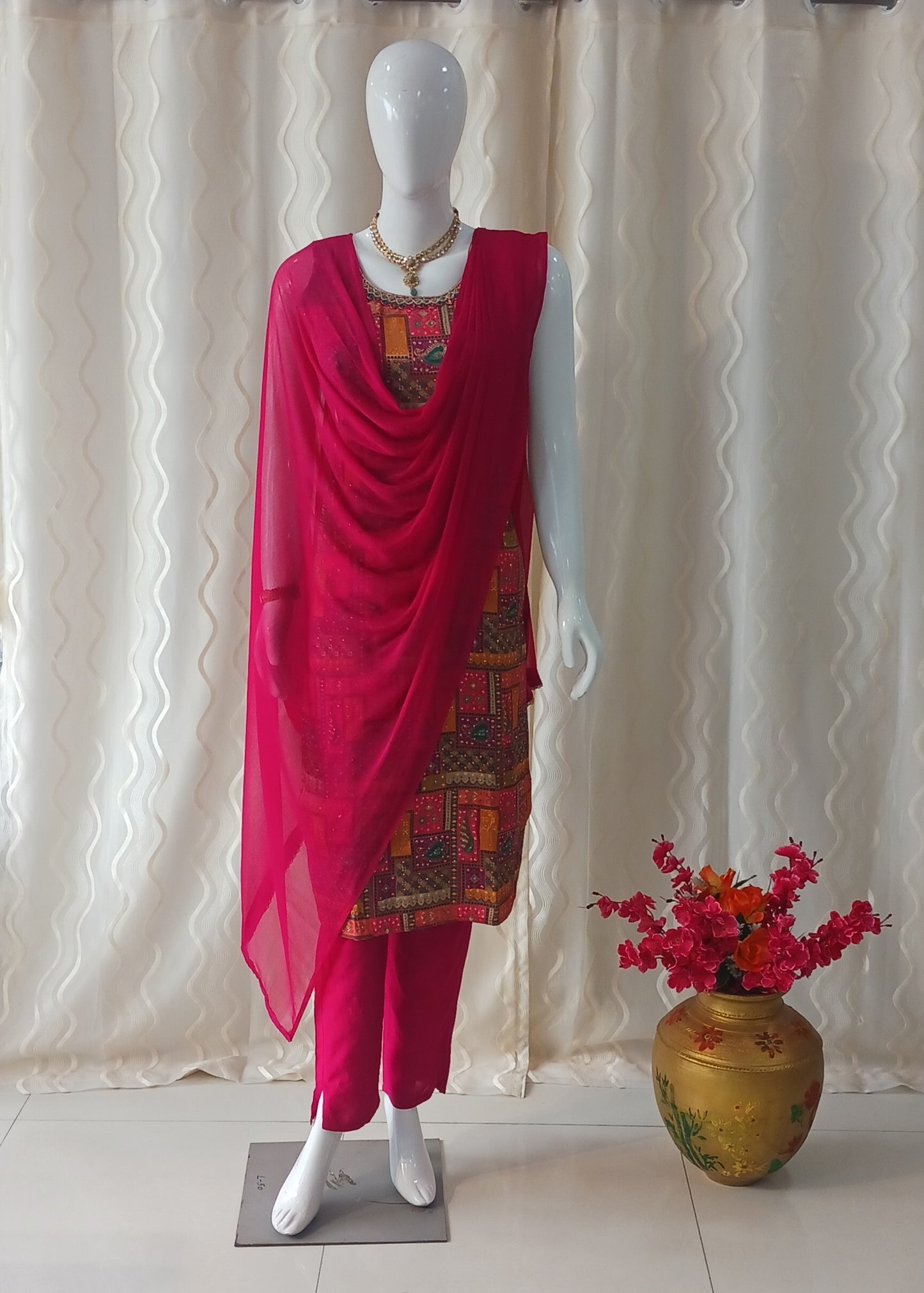 Straight Cut 3-Piece Suit with Chiffon Dupatta and Attached Sleeves