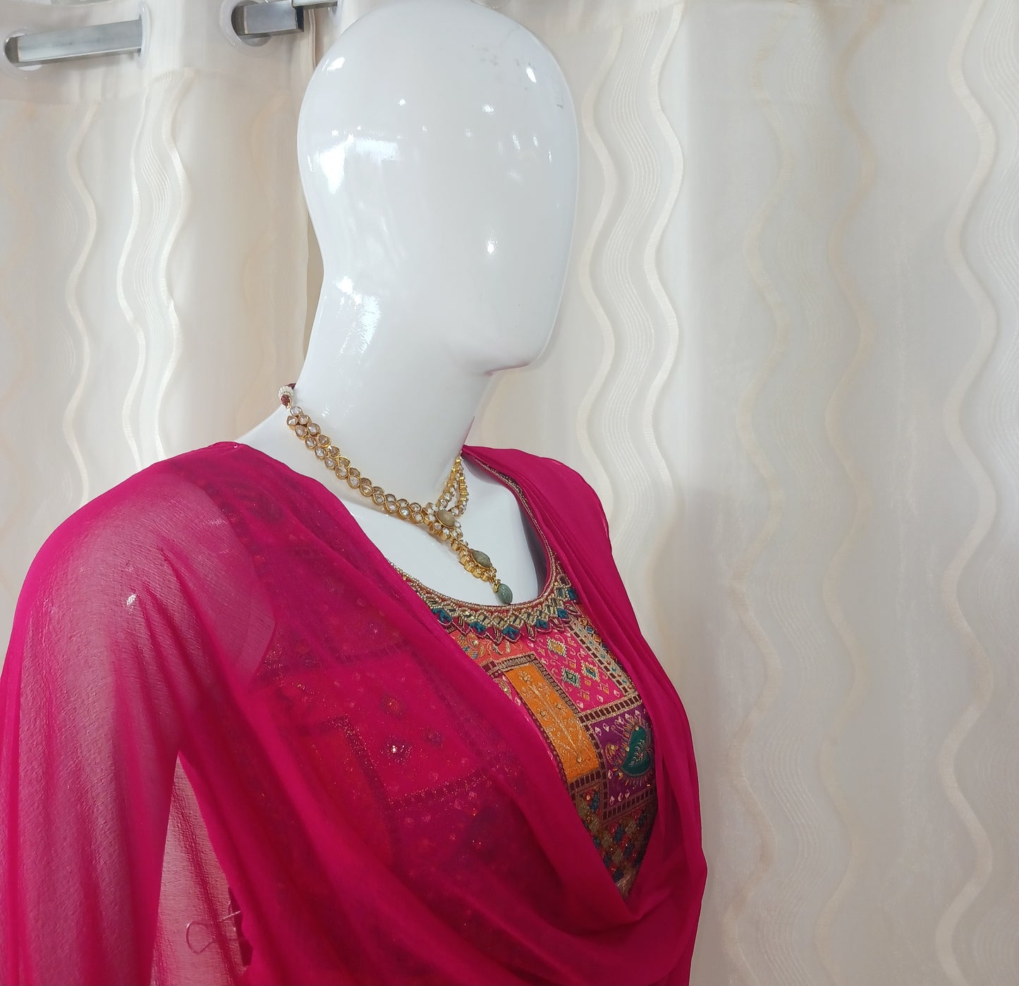 Straight Cut 3-Piece Suit with Chiffon Dupatta and Attached Sleeves