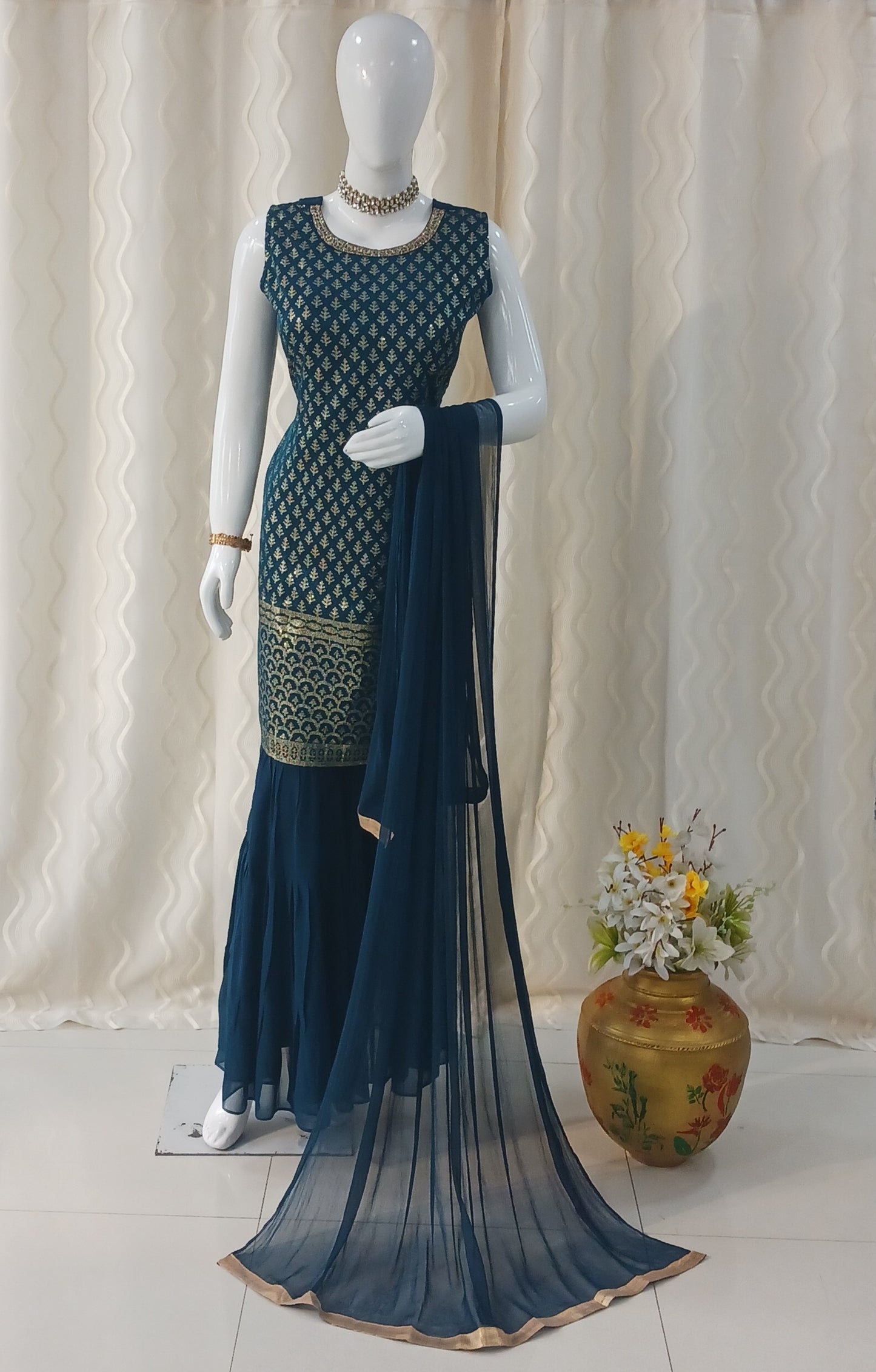 Straight Cut Garara 3-Piece Suit with Dupatta and Detachable Sleeves
