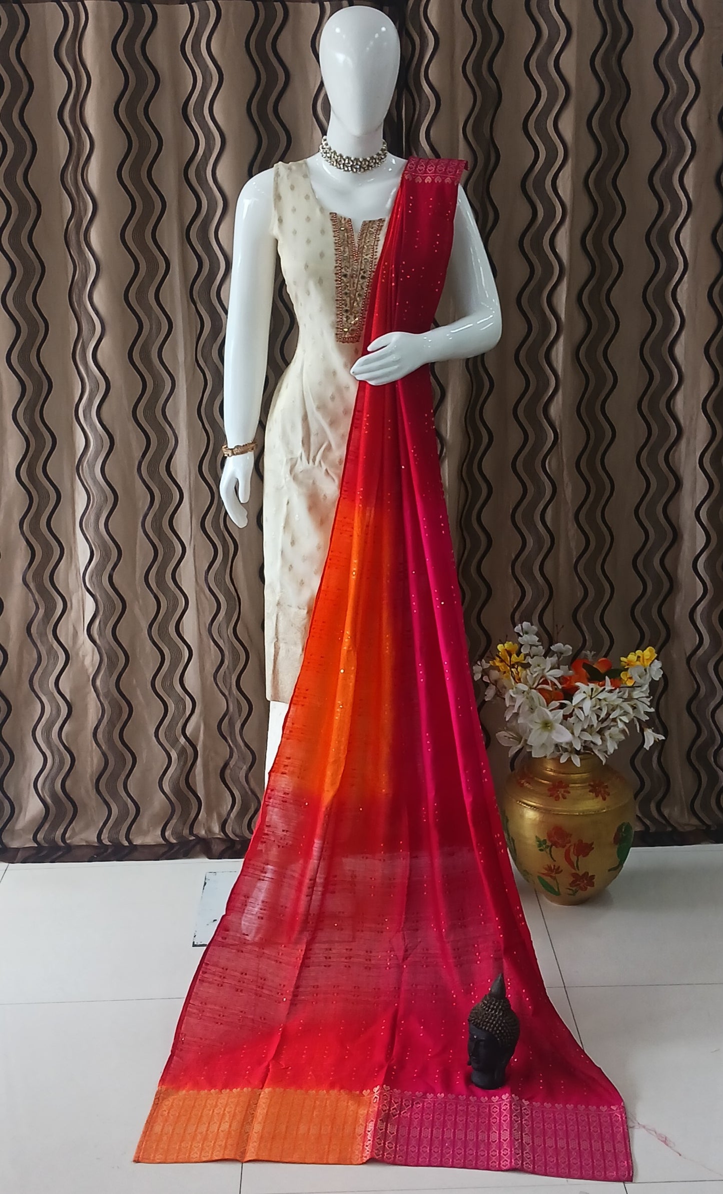 Straight Cut 3-Piece Suit with Dupatta and Detachable Sleeves