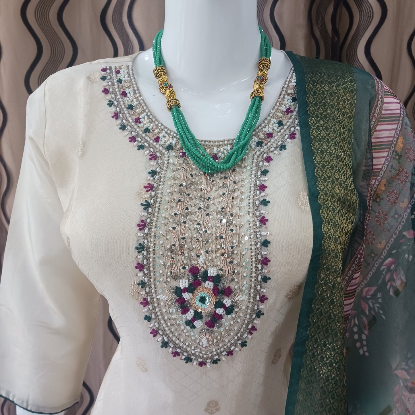 Straight Cut 3-Piece Suit with Dupatta and 3/4 Sleeves