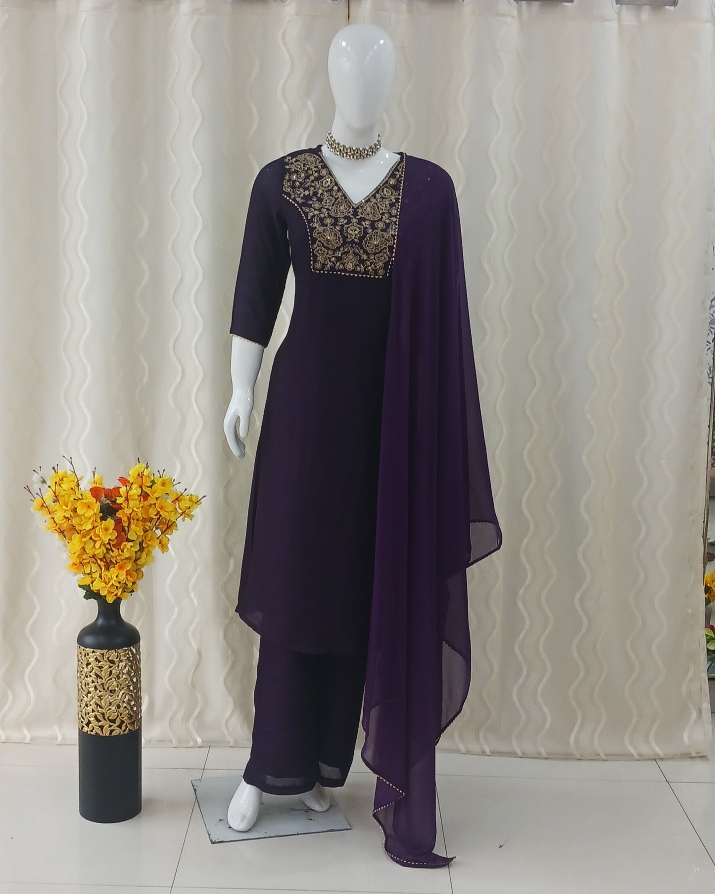 Anarkali 3-Piece Suit with Dupatta and Detachable 3/4 Sleeves