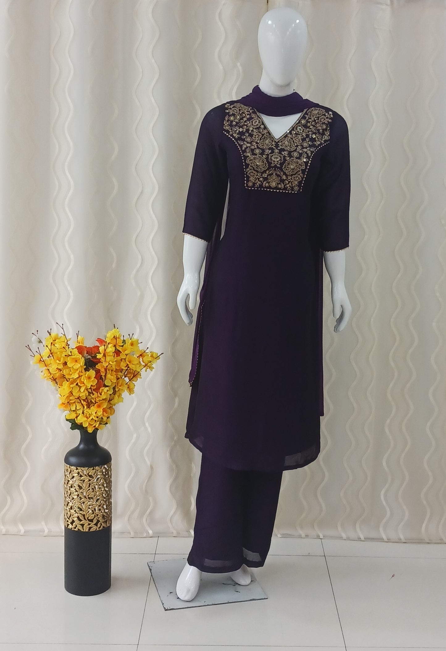 Anarkali 3-Piece Suit with Dupatta and Detachable 3/4 Sleeves
