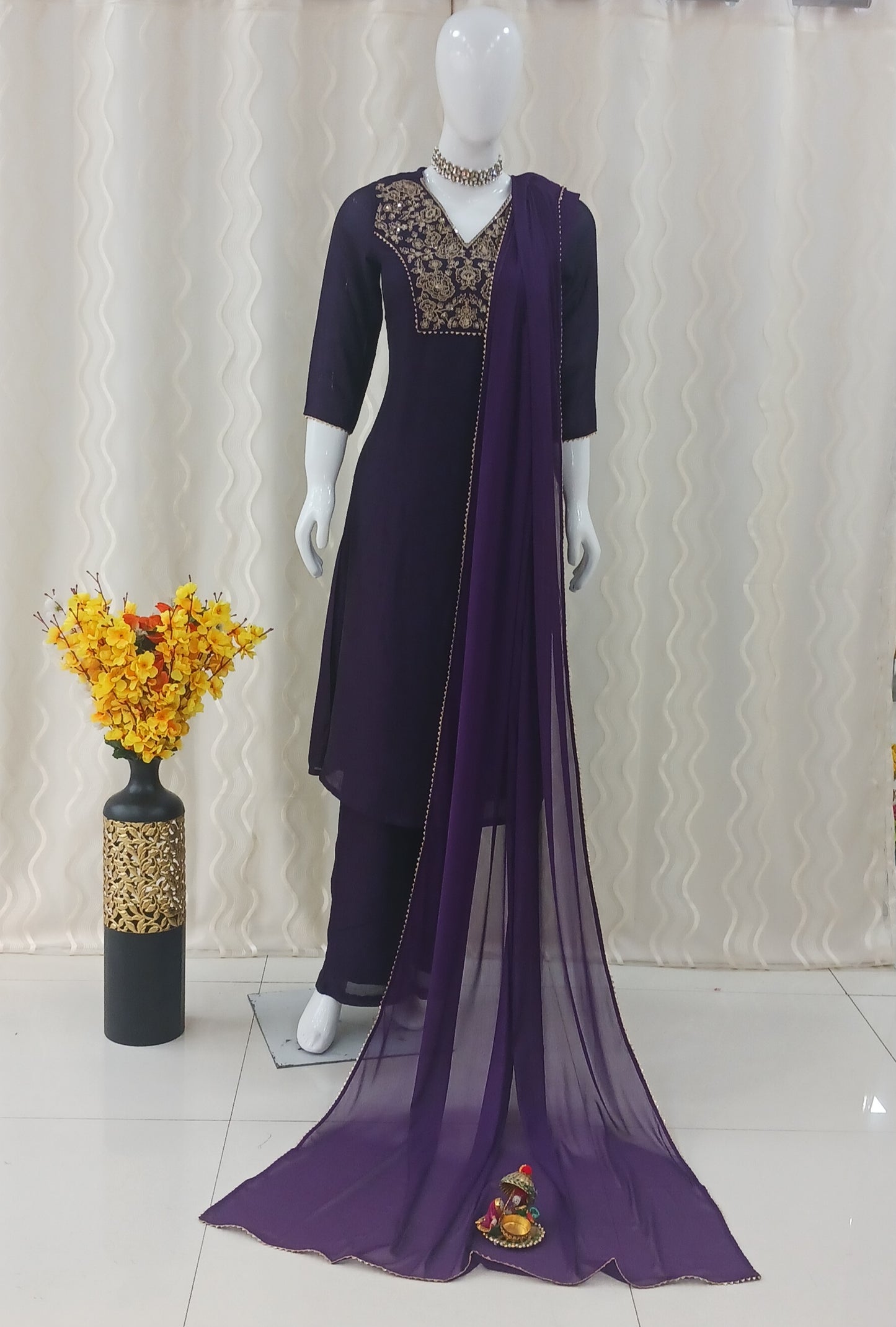 Anarkali 3-Piece Suit with Dupatta and Detachable 3/4 Sleeves
