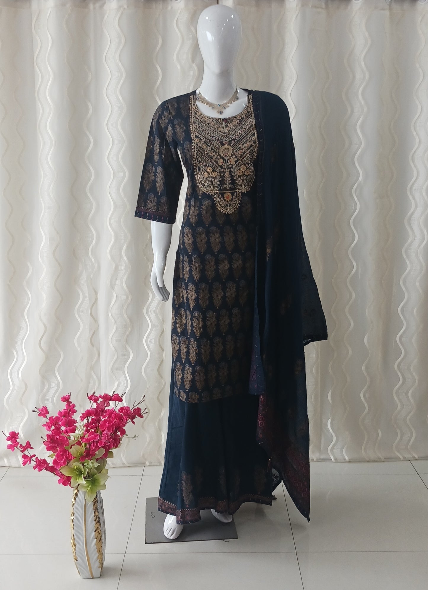 Straight Cut plazo pant 3-Piece Suit with Dupatta and Sleeveless with Attached Sleeves.