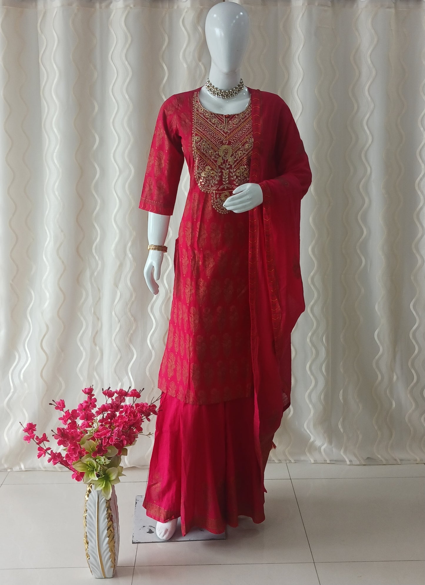 Straight Cut Red palazo pant 3-piece suit with Dupatta and attached sleeves.