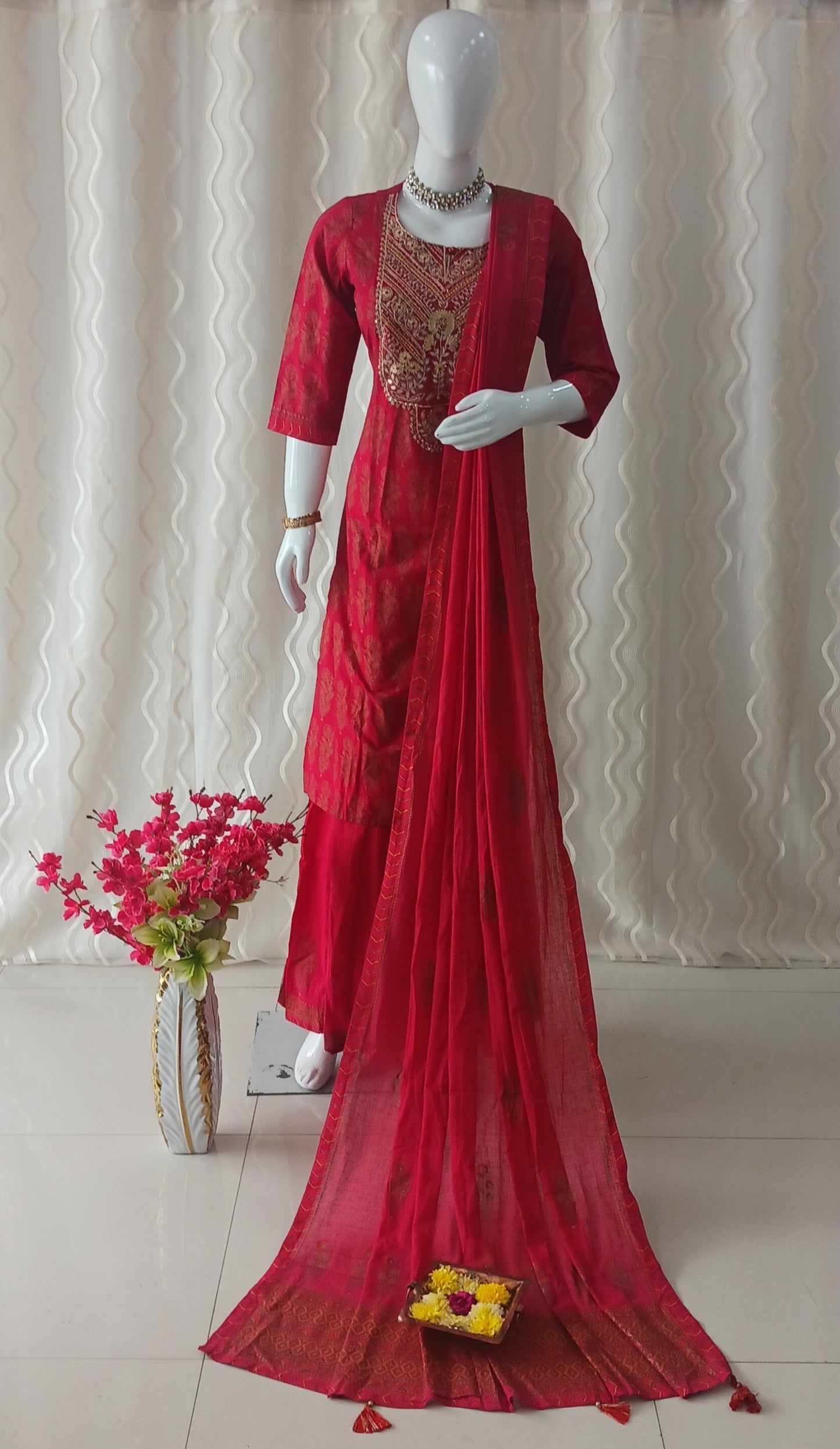 Straight Cut Red palazo pant 3-piece suit with Dupatta and attached sleeves.