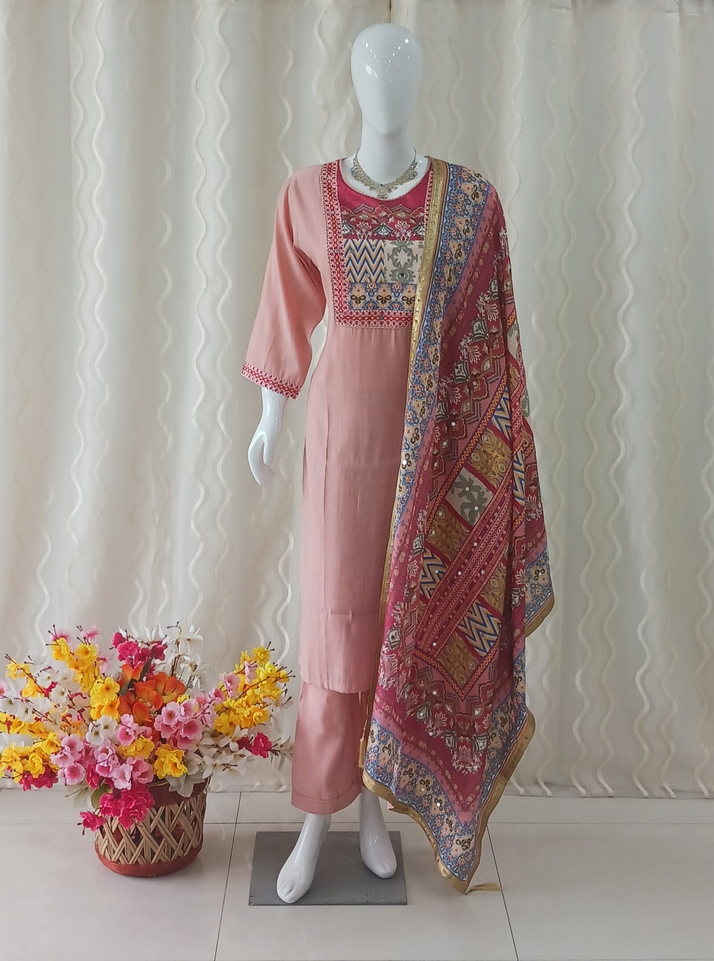 Straight Cut Palazo Pant 3-Piece Suit with Mirror Work Dupatta and 3/4 Sleeves