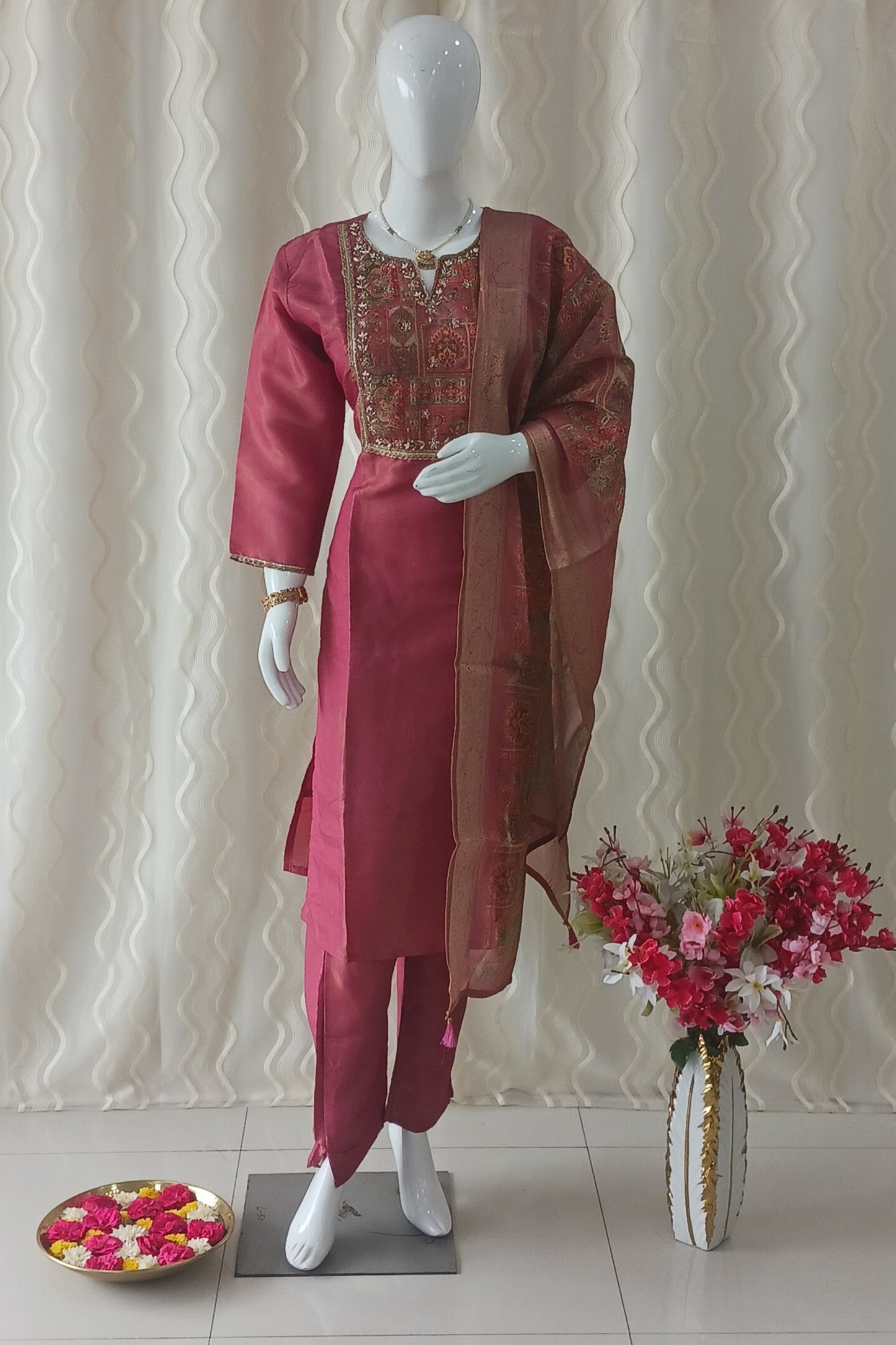 Straight Cut 3-Piece Suit with Work Dupatta and 3/4 Sleeves