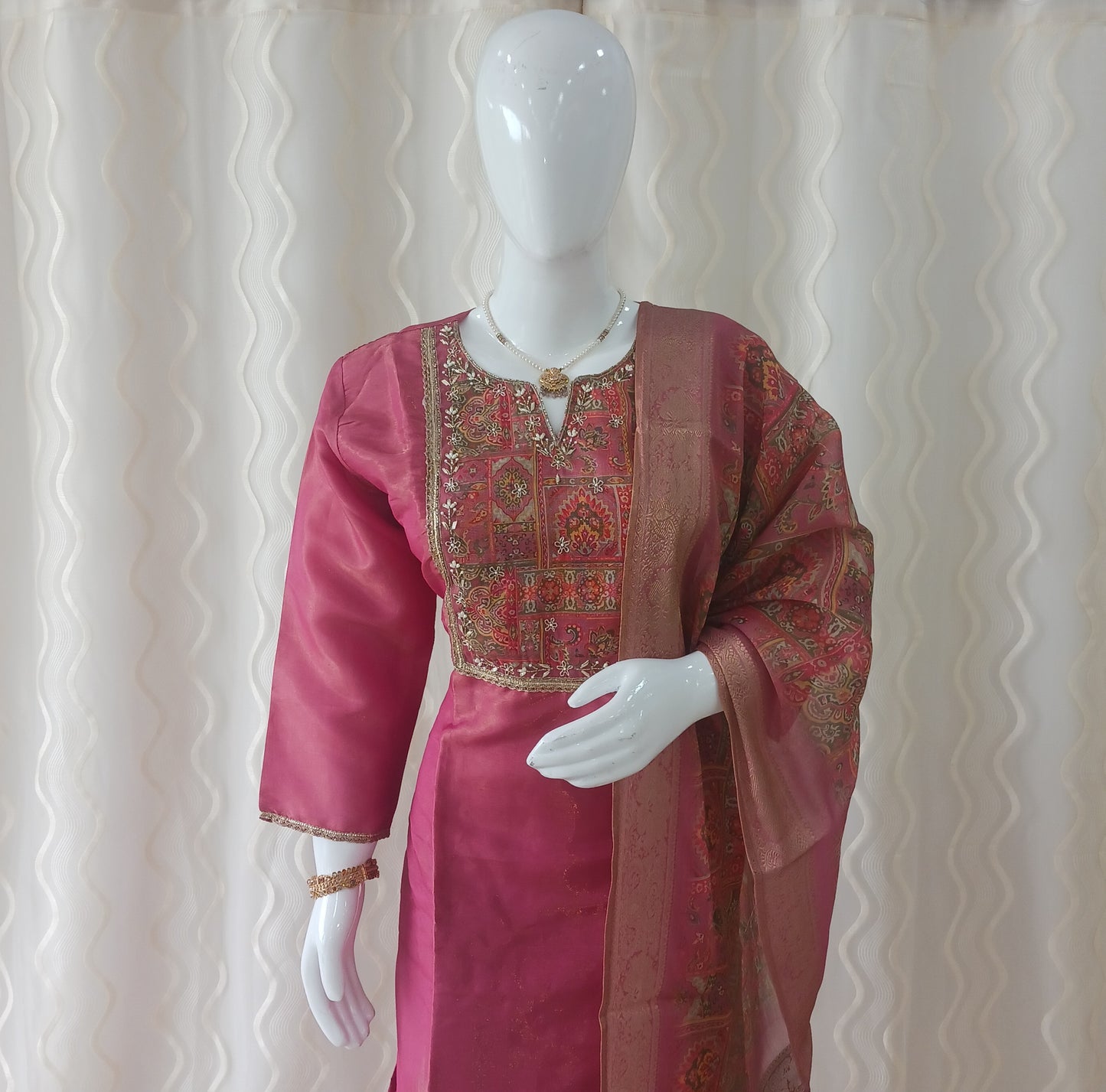 Straight Cut 3-Piece Suit with Work Dupatta and 3/4 Sleeves