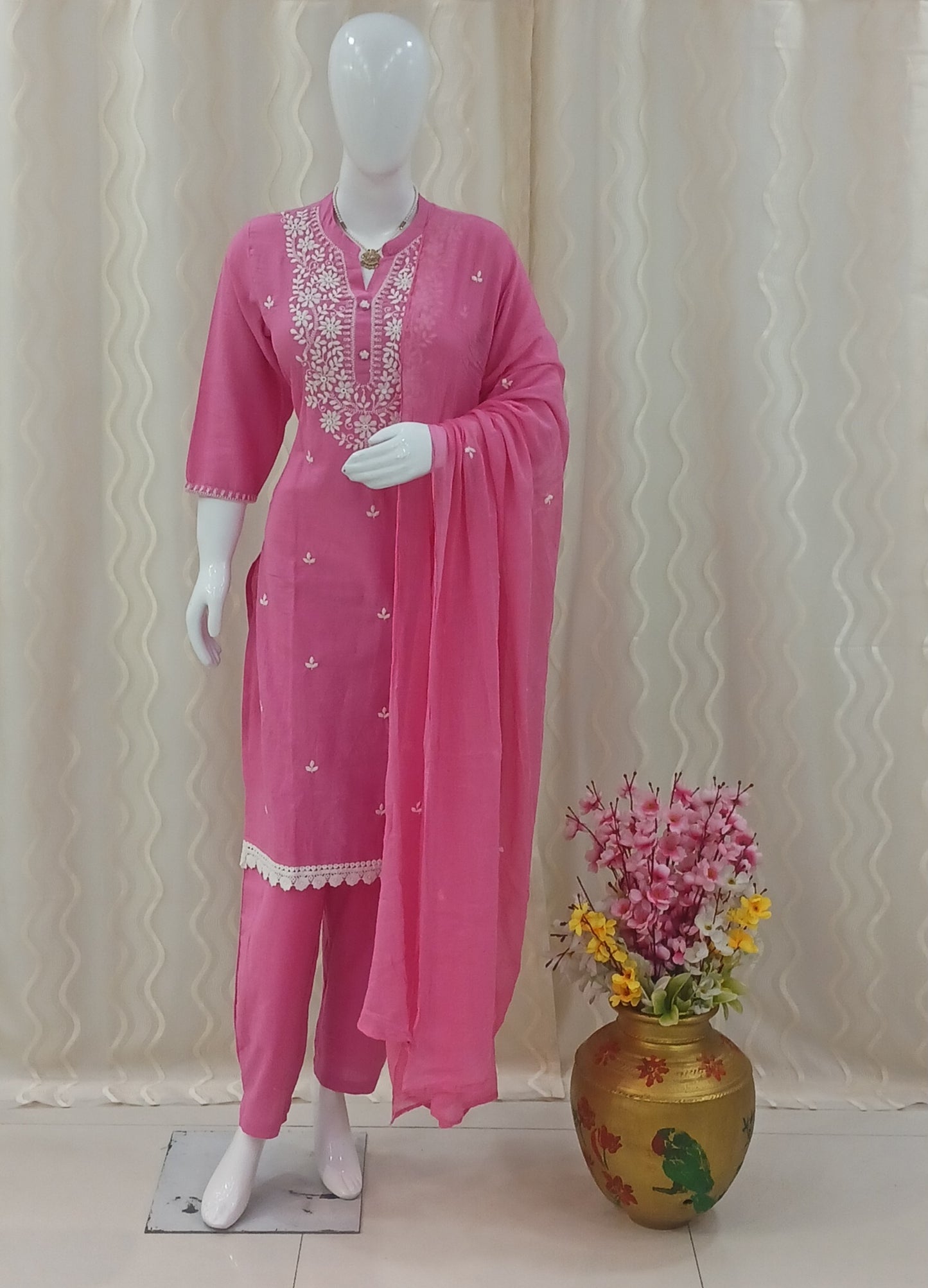 Straight Cut 3-Piece Suit with Work Dupatta and 3/4 Sleeves