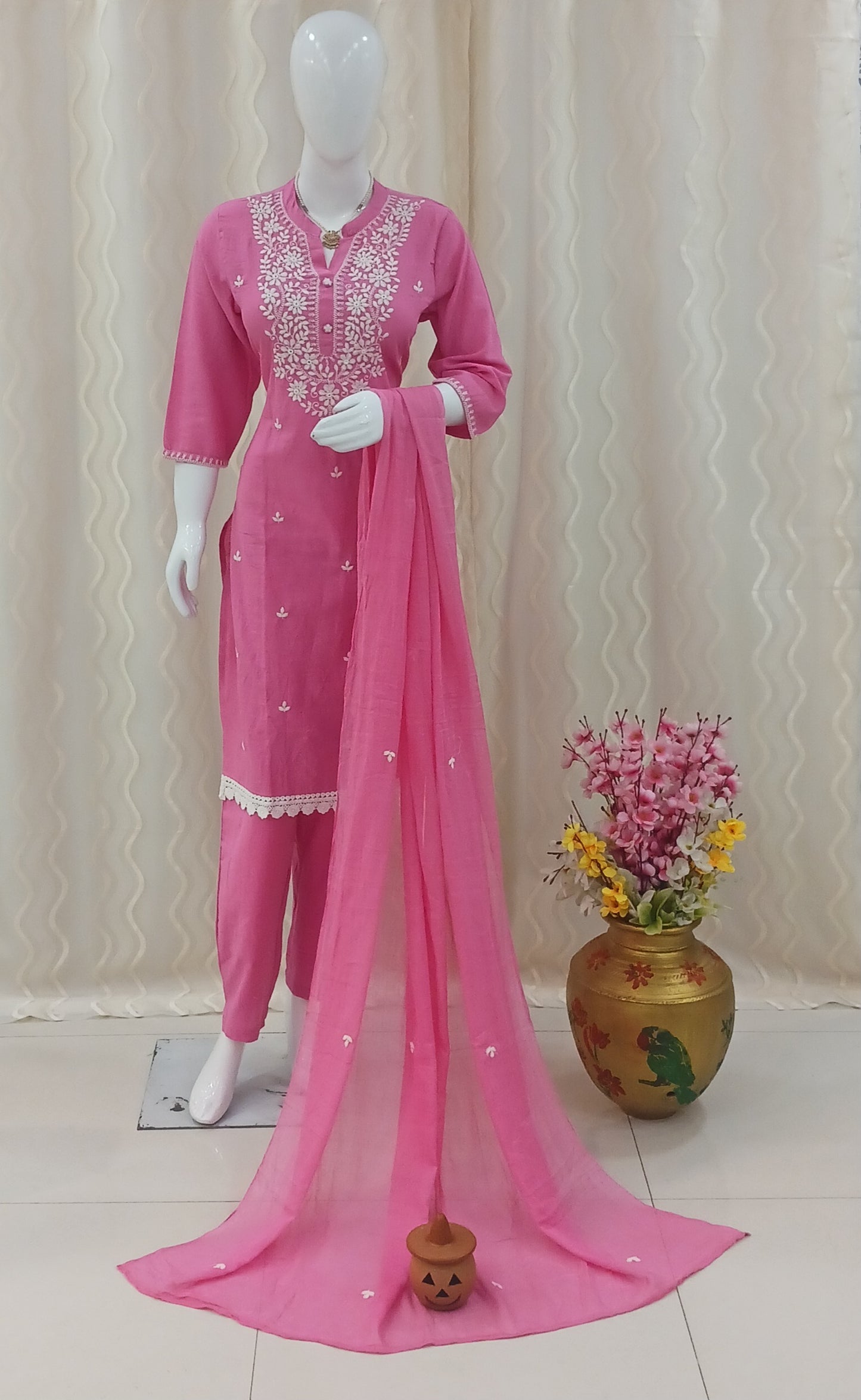 Straight Cut 3-Piece Suit with Work Dupatta and 3/4 Sleeves