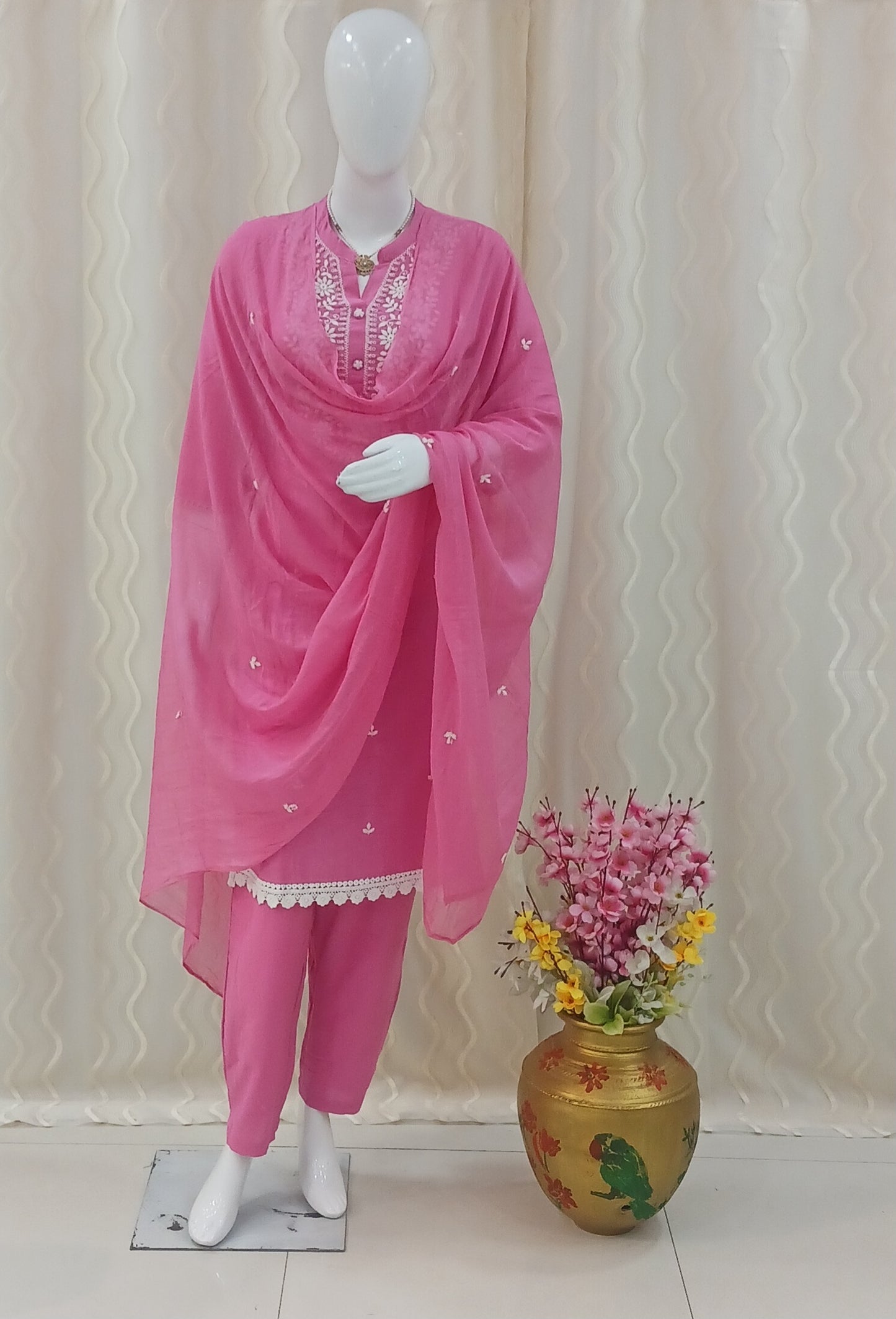 Straight Cut 3-Piece Suit with Work Dupatta and 3/4 Sleeves