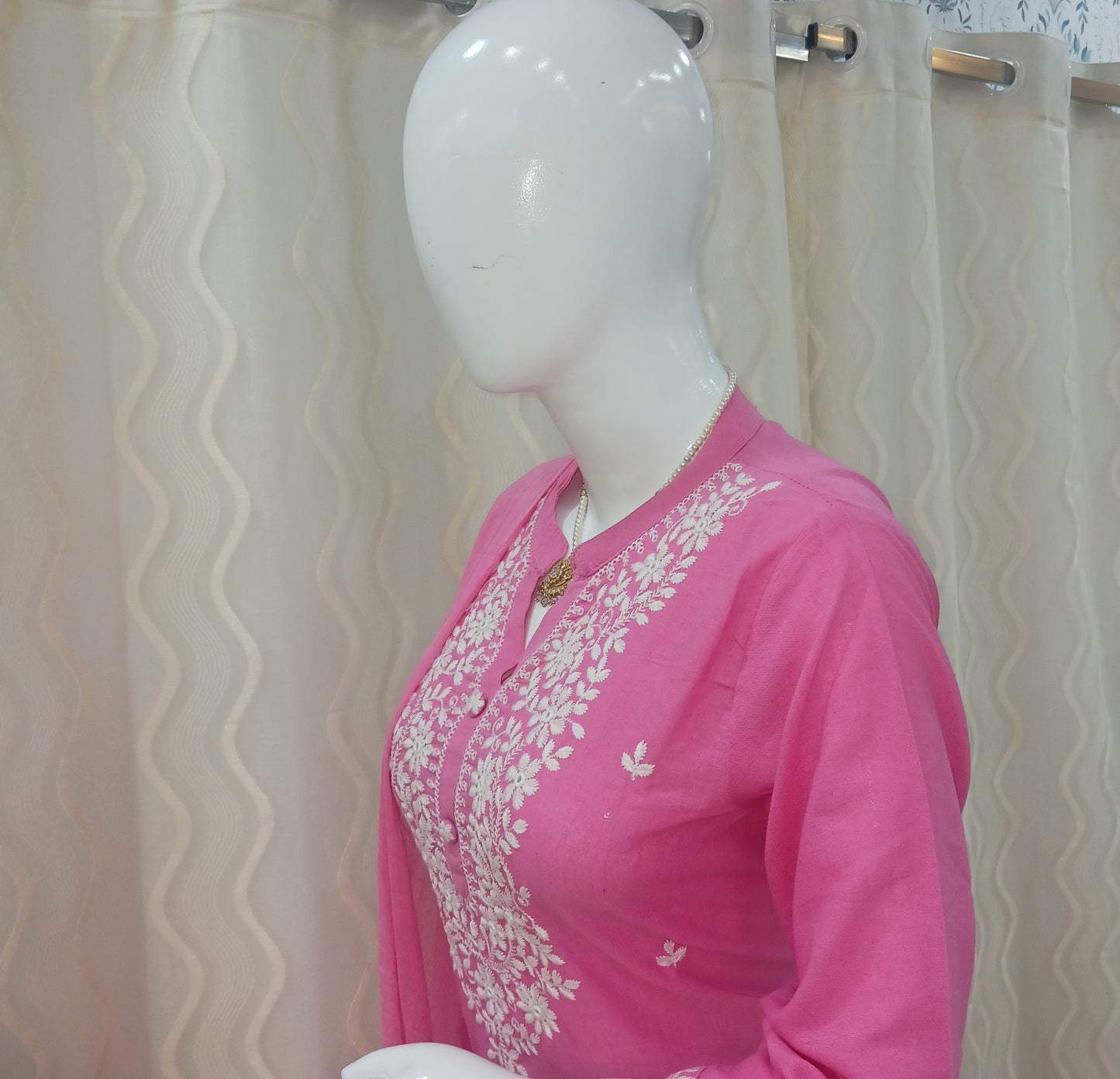 Straight Cut 3-Piece Suit with Work Dupatta and 3/4 Sleeves