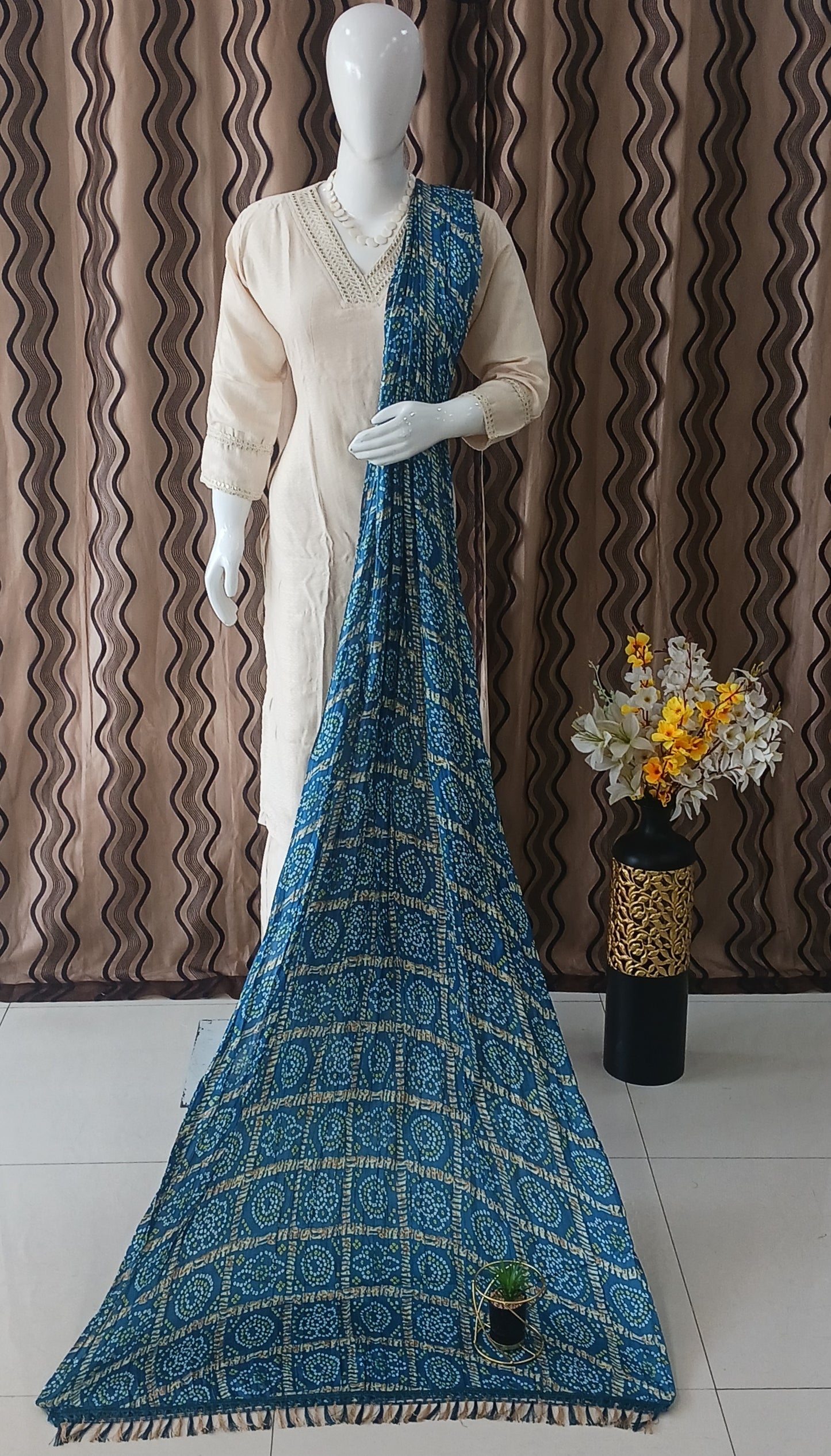 Straight Cut 3-Piece Suit with Work Bandhani Dupatta and 3/4 Sleeves