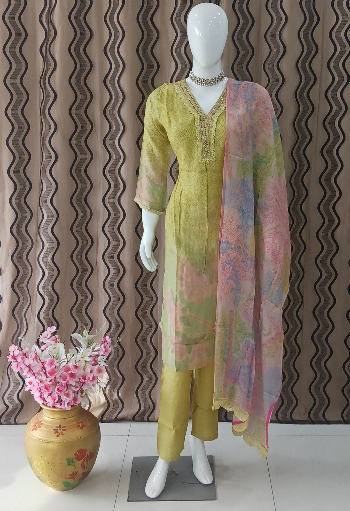 Straight Cut 3-Piece Suit with Work Bandhani Dupatta and 3/4 Sleeves