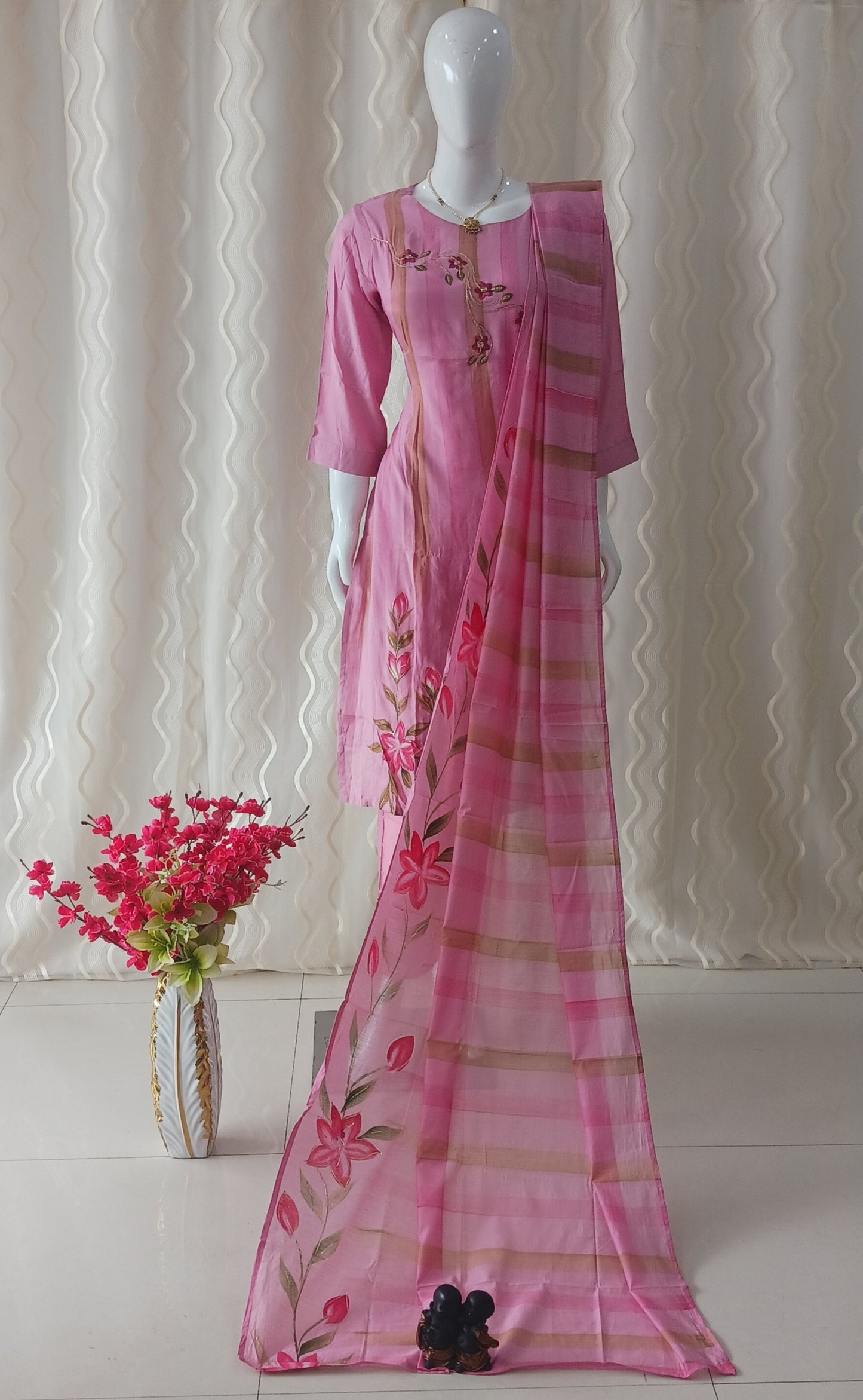 Straight Cut 3-Piece Suit with Work Dupatta and 3/4 Sleeves