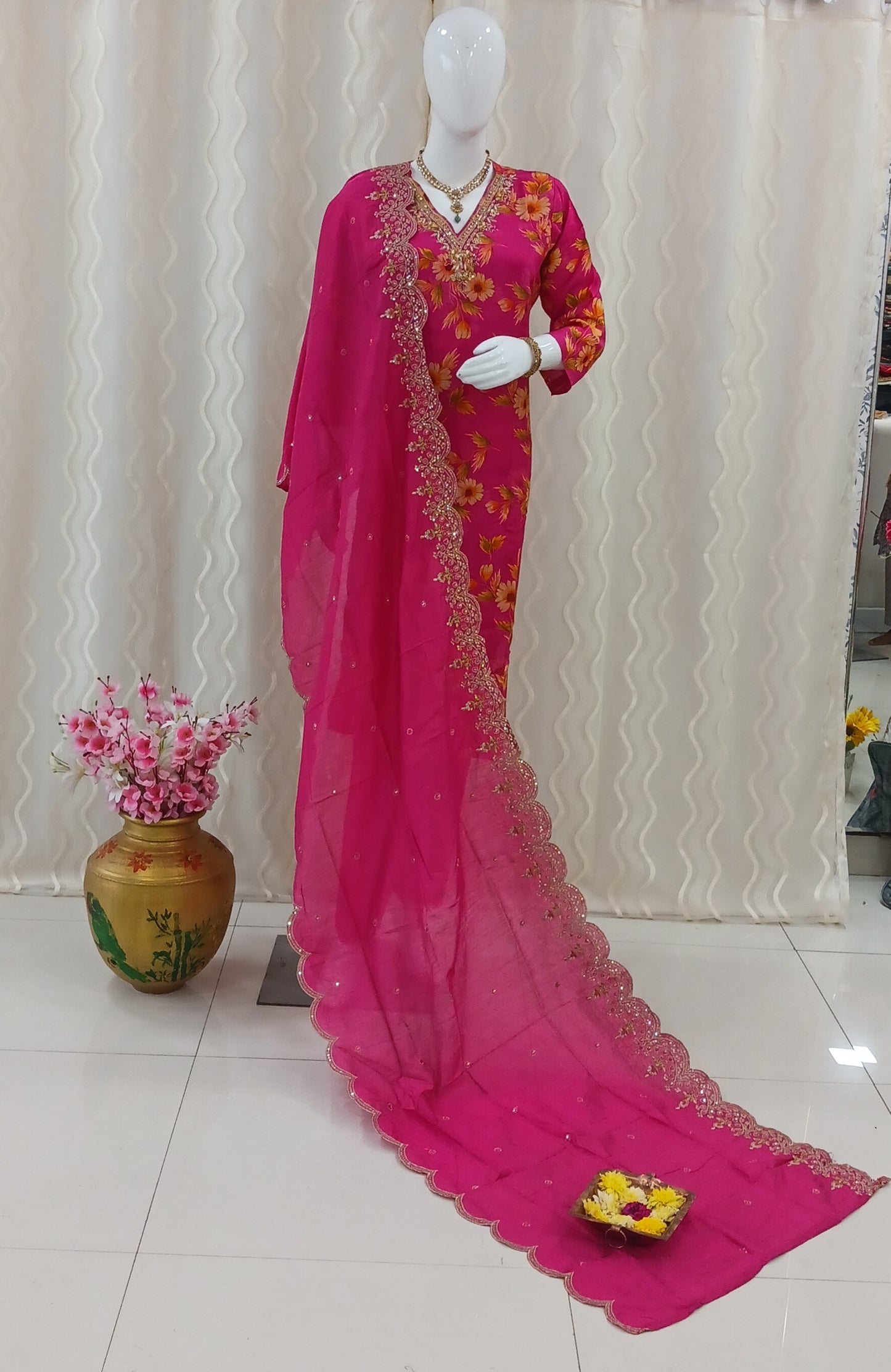 Straight Cut 3-Piece Suit with Work Bandhani Dupatta and 3/4 Sleeves