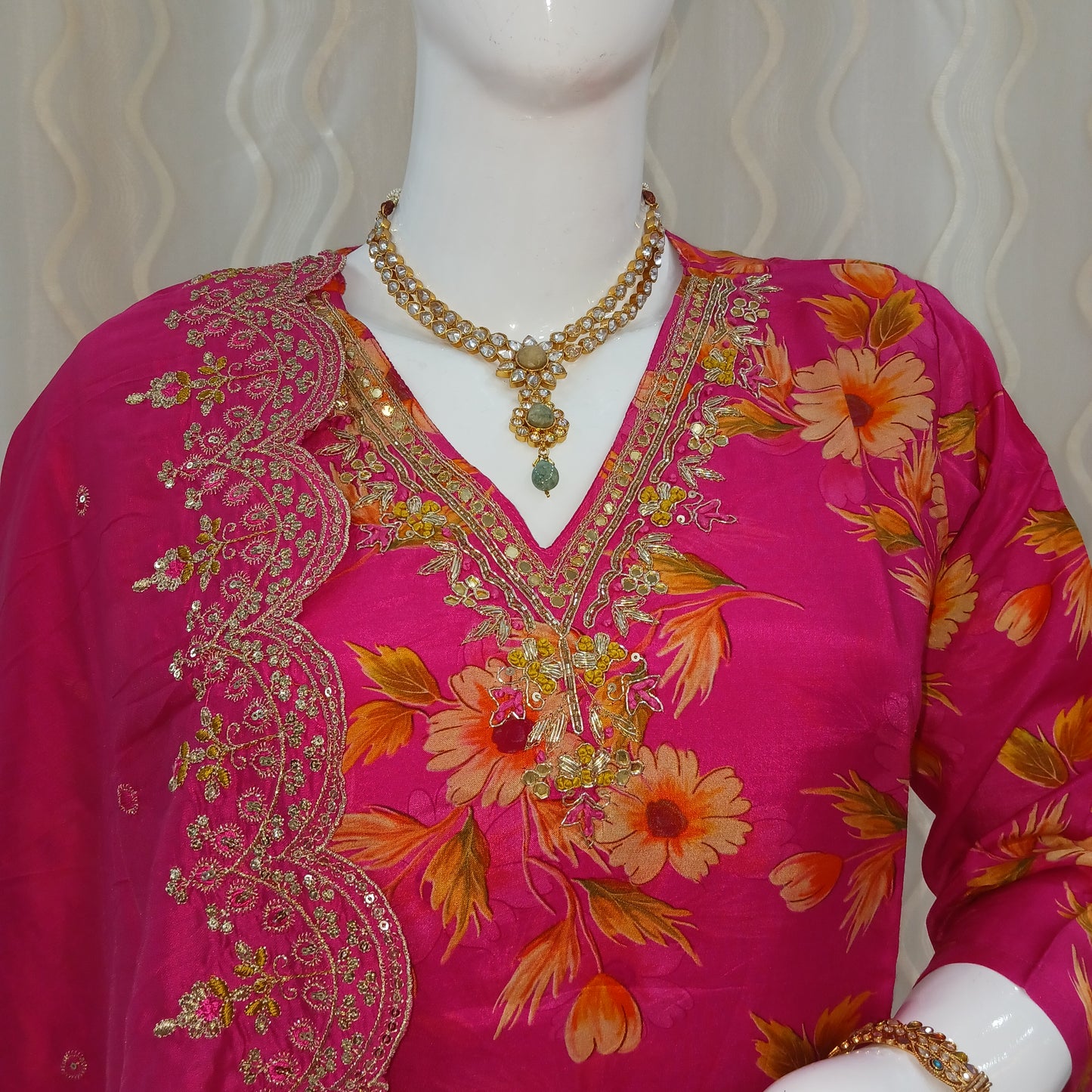 Straight Cut 3-Piece Suit with Work Bandhani Dupatta and 3/4 Sleeves