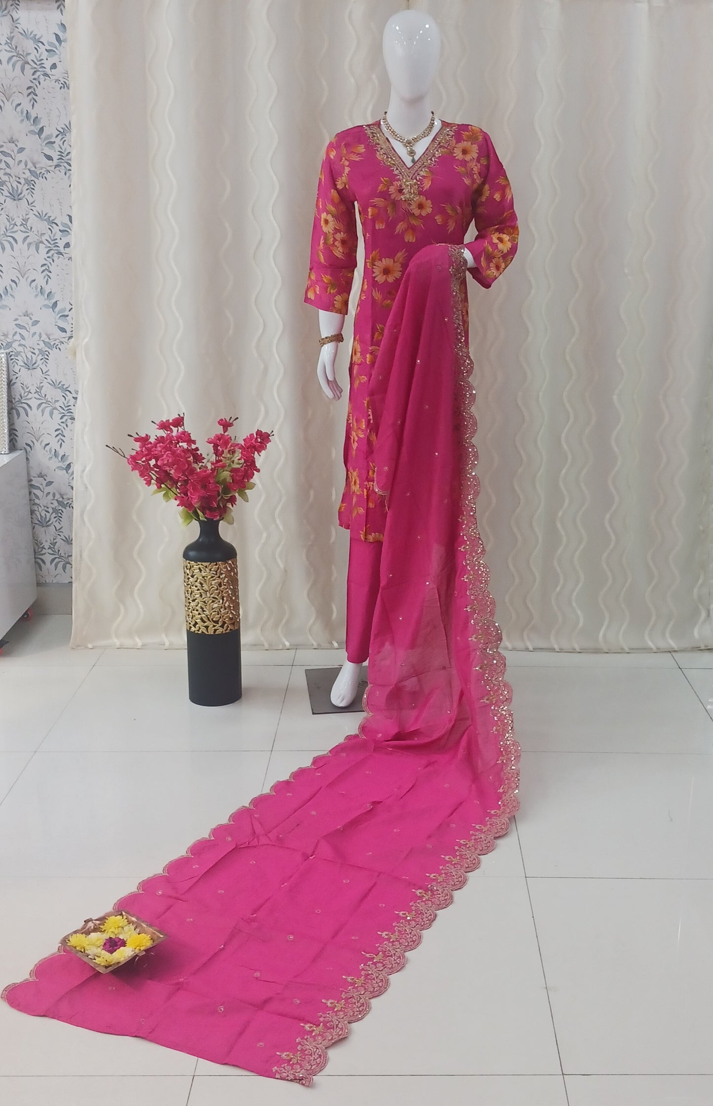 Straight Cut 3-Piece Suit with Work Bandhani Dupatta and 3/4 Sleeves
