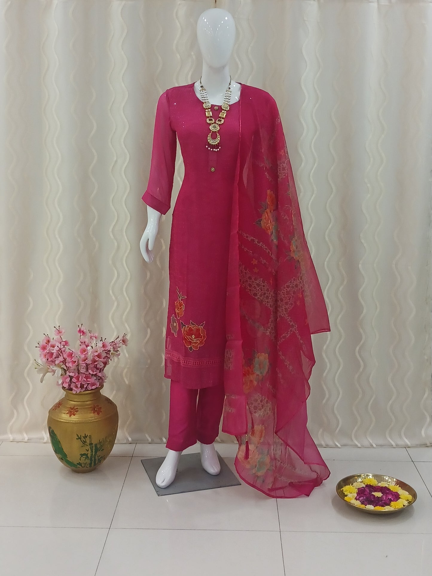 Straight Cut 3 - Piece Suit with Work Dupatta and With 3/4 Sleeves