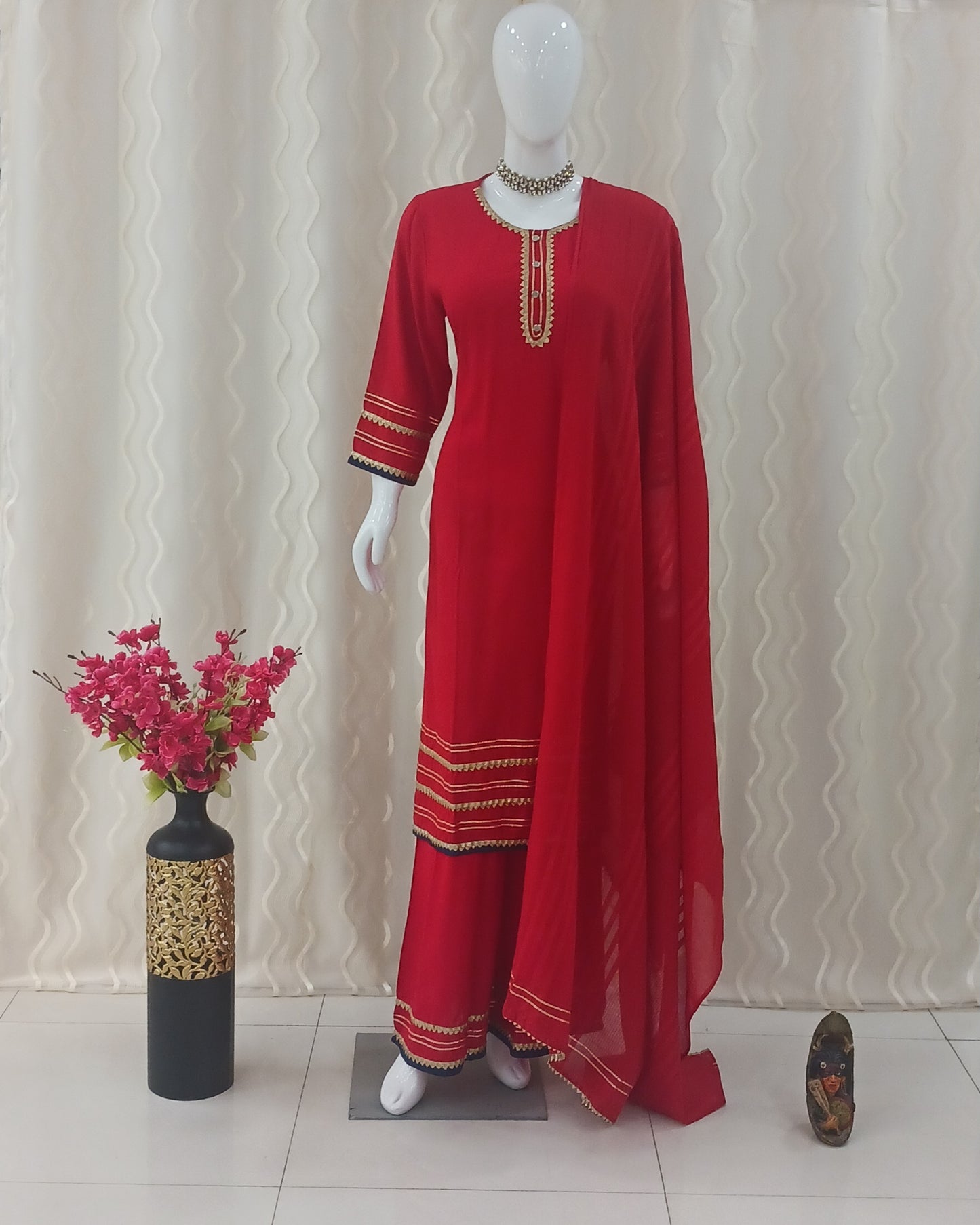 Straight Cut Palazo 3 - Piece Suit with Dupatta and 3/4 Sleeves