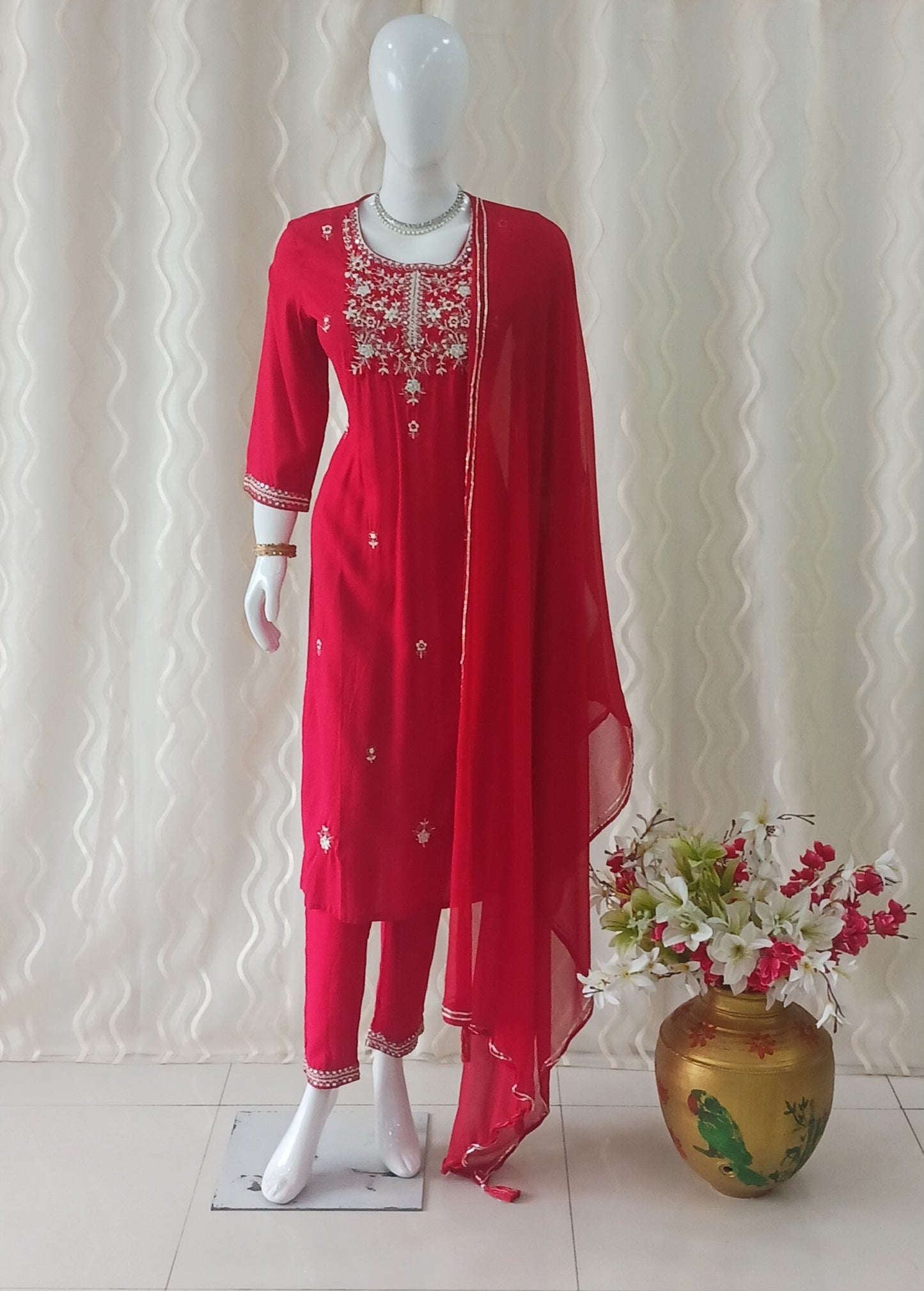 Red Straight Cut 3-Piece Suit with Work Dupatta and 3/4 Sleeves
