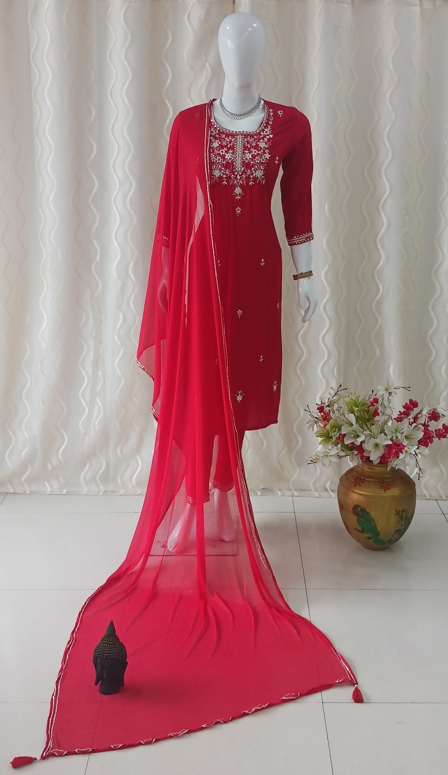 Red Straight Cut 3-Piece Suit with Work Dupatta and 3/4 Sleeves