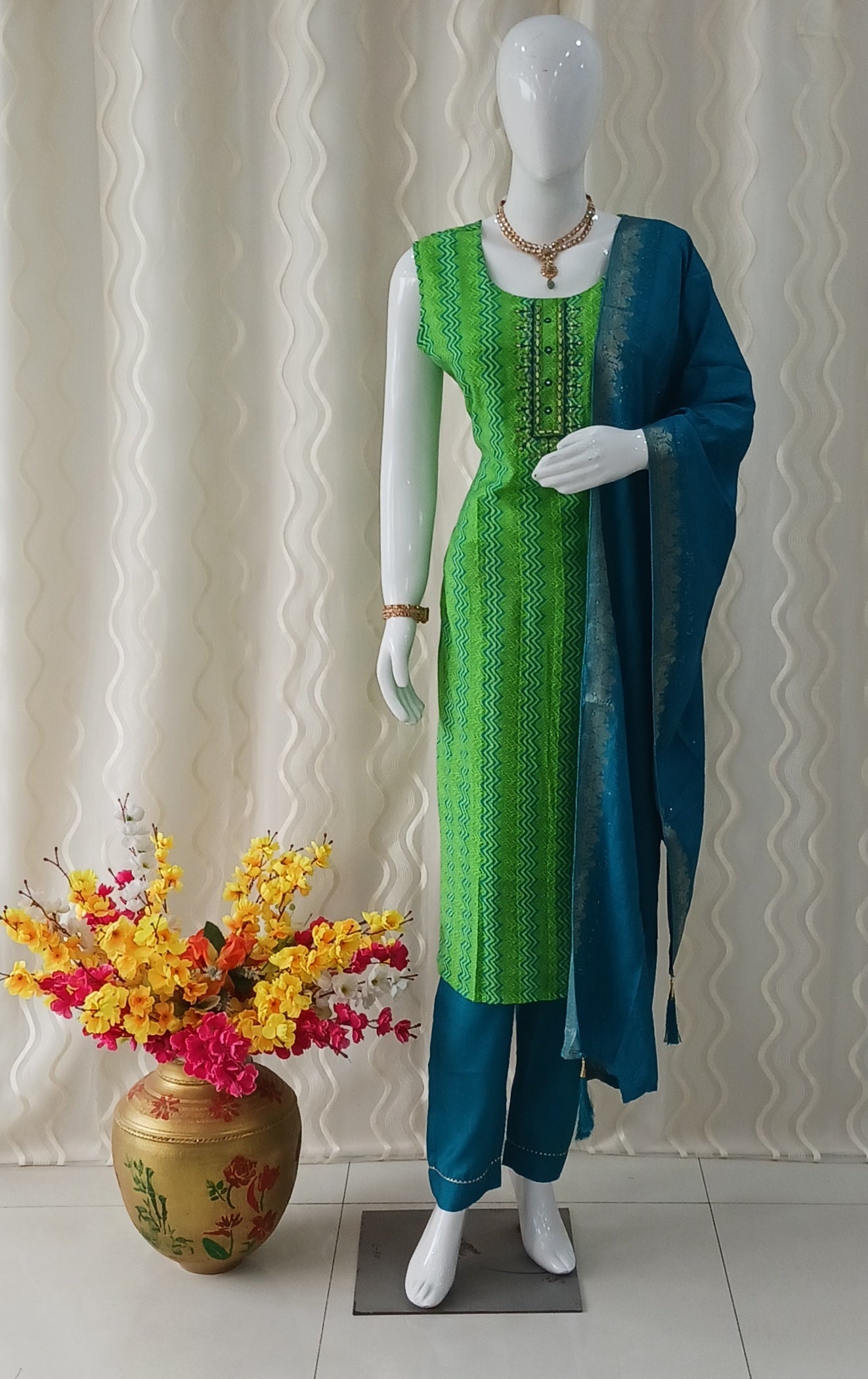 Parrot Green Straight Cut 3-Piece Suit with Duppatta and Sleeveless with Attached Sleeves