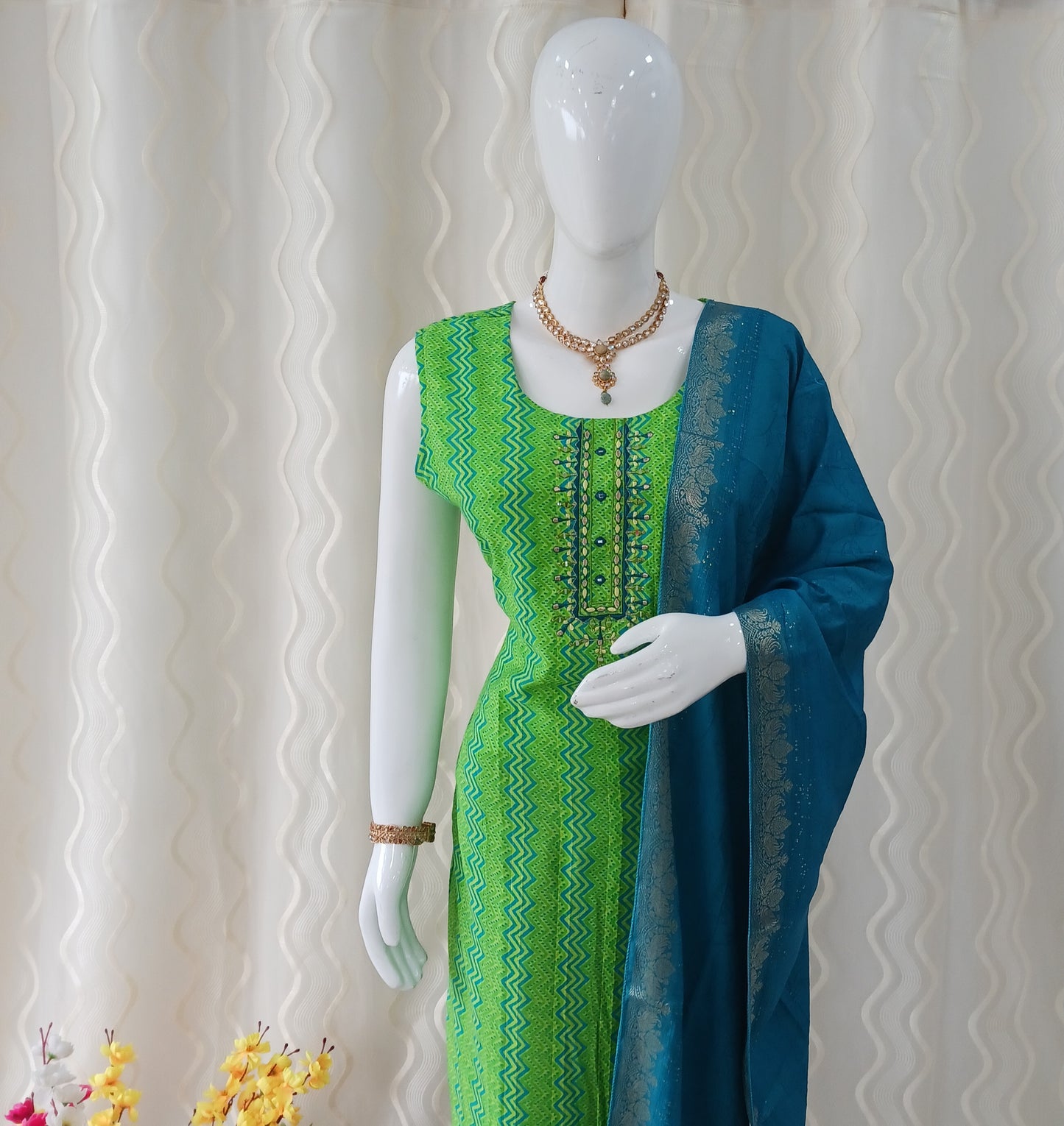 Parrot Green Straight Cut 3-Piece Suit with Duppatta and Sleeveless with Attached Sleeves