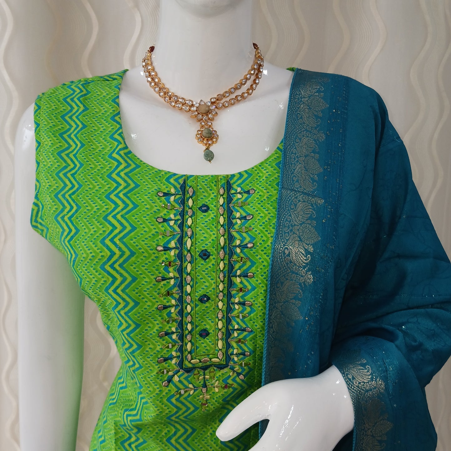 Parrot Green Straight Cut 3-Piece Suit with Duppatta and Sleeveless with Attached Sleeves