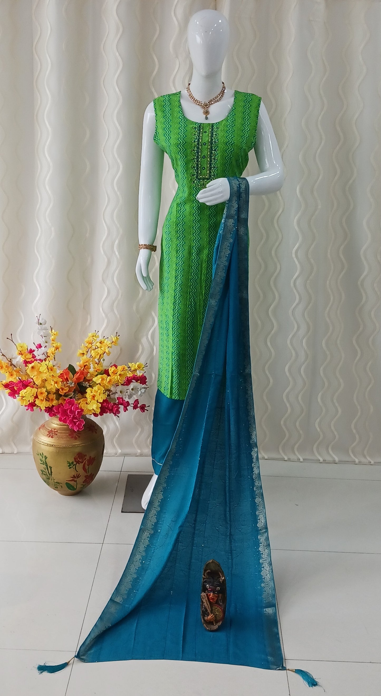 Parrot Green Straight Cut 3-Piece Suit with Duppatta and Sleeveless with Attached Sleeves