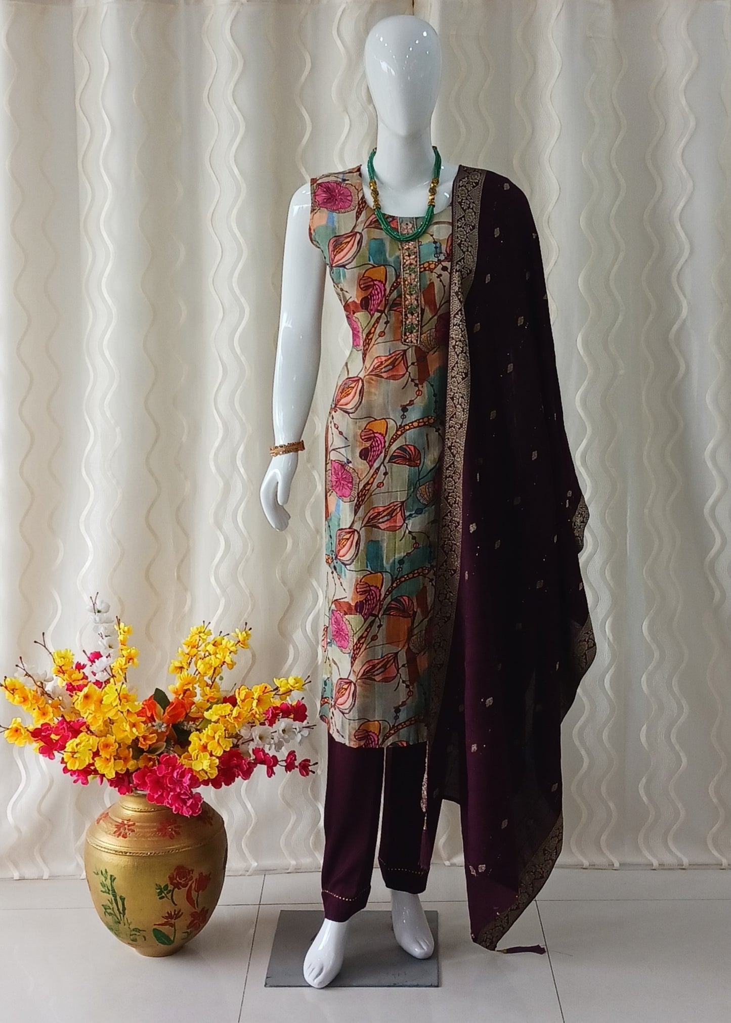 Maroon Straight Cut 3 - Piece Suit with Duppatta and Sleeveless with Attached Sleeves