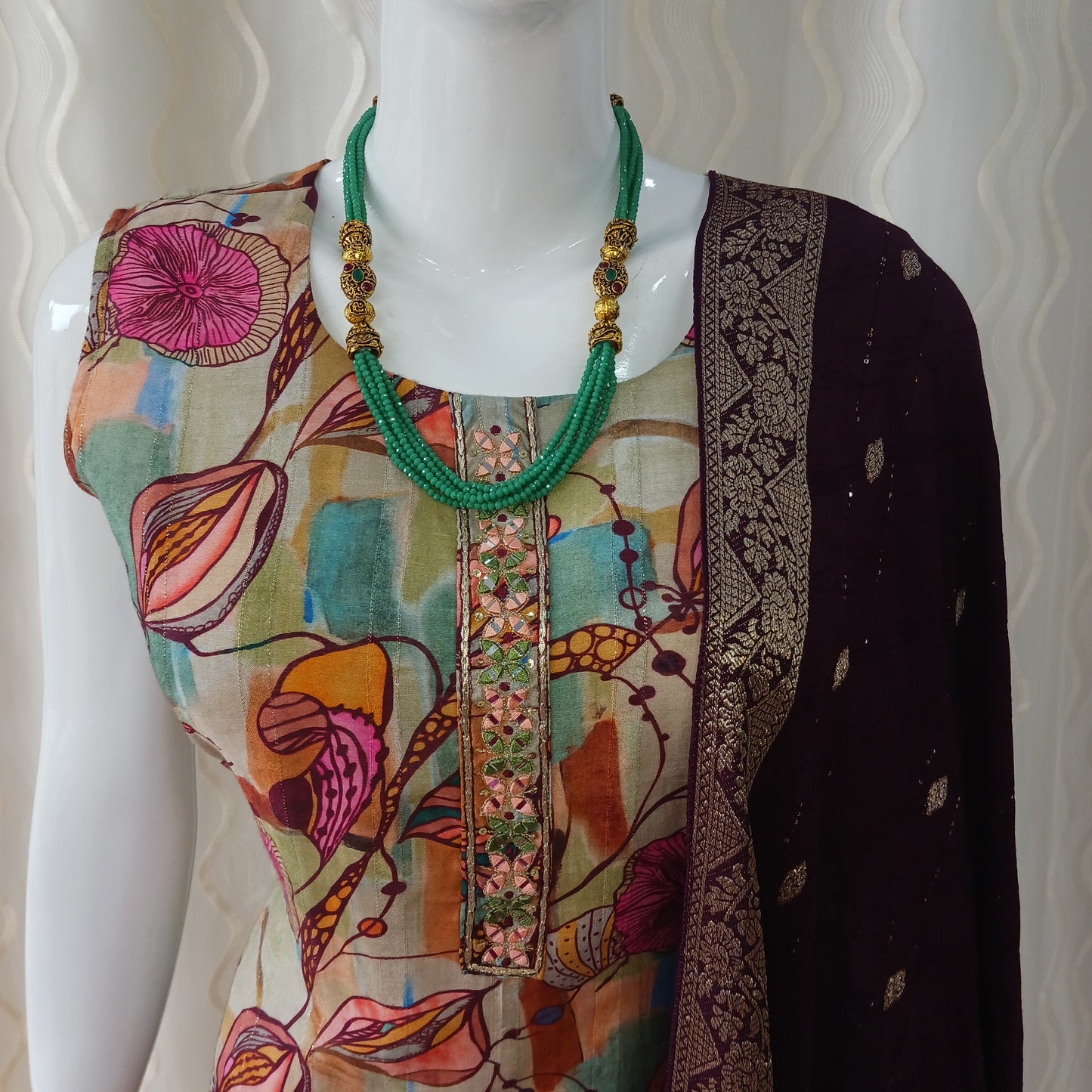 Maroon Straight Cut 3 - Piece Suit with Duppatta and Sleeveless with Attached Sleeves
