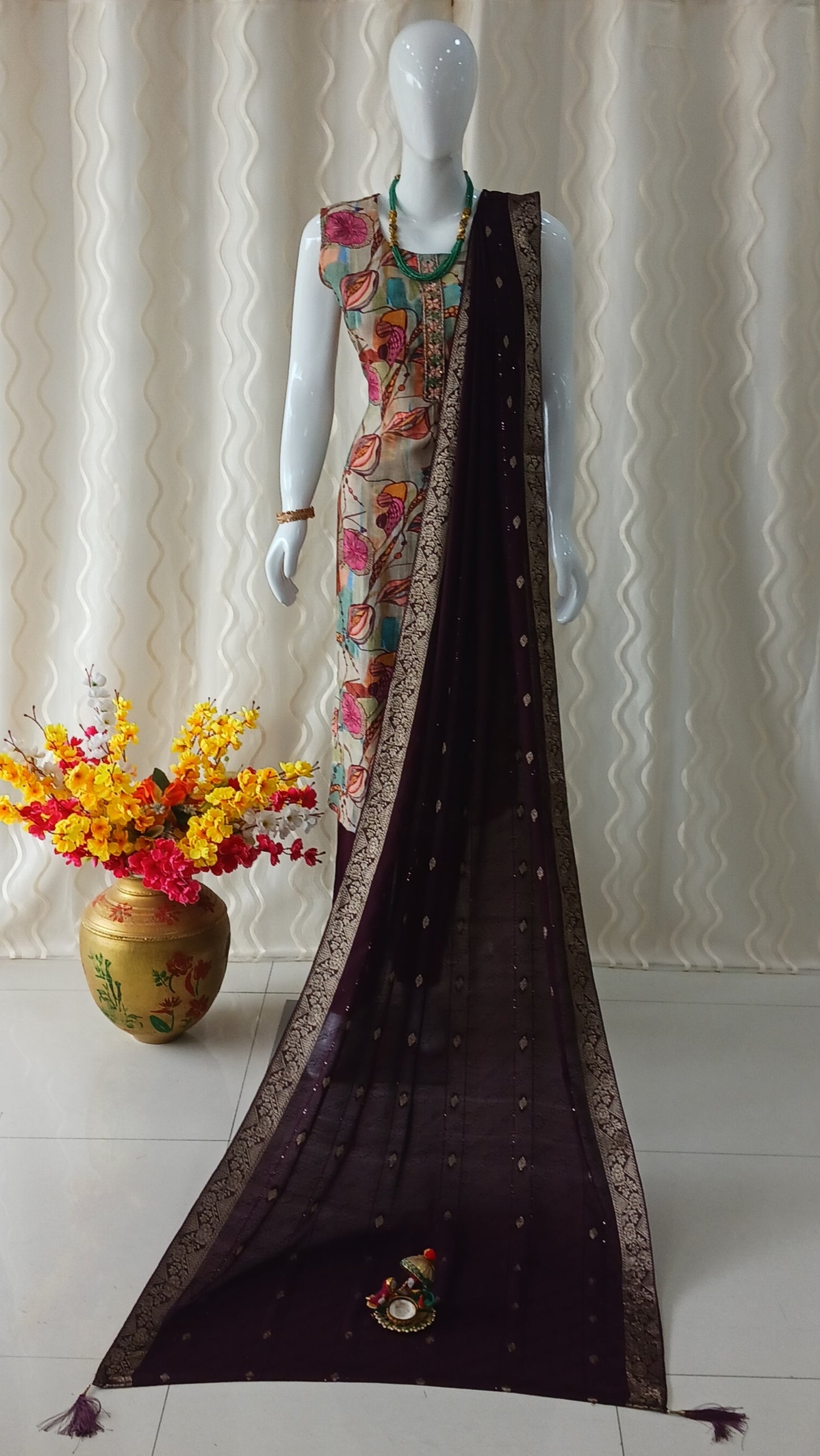 Maroon Straight Cut 3 - Piece Suit with Duppatta and Sleeveless with Attached Sleeves